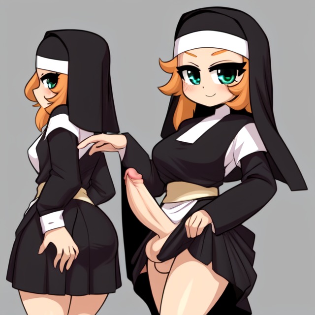 1futa ai_generated aifutalover blonde_futa blonde_hair bottomless bottomless_futanari christianity futa_focus futanari gynomorph intersex nun nun_futa nun_hat nun_outfit religion religious religious_clothing self_upload skirt solo_futa