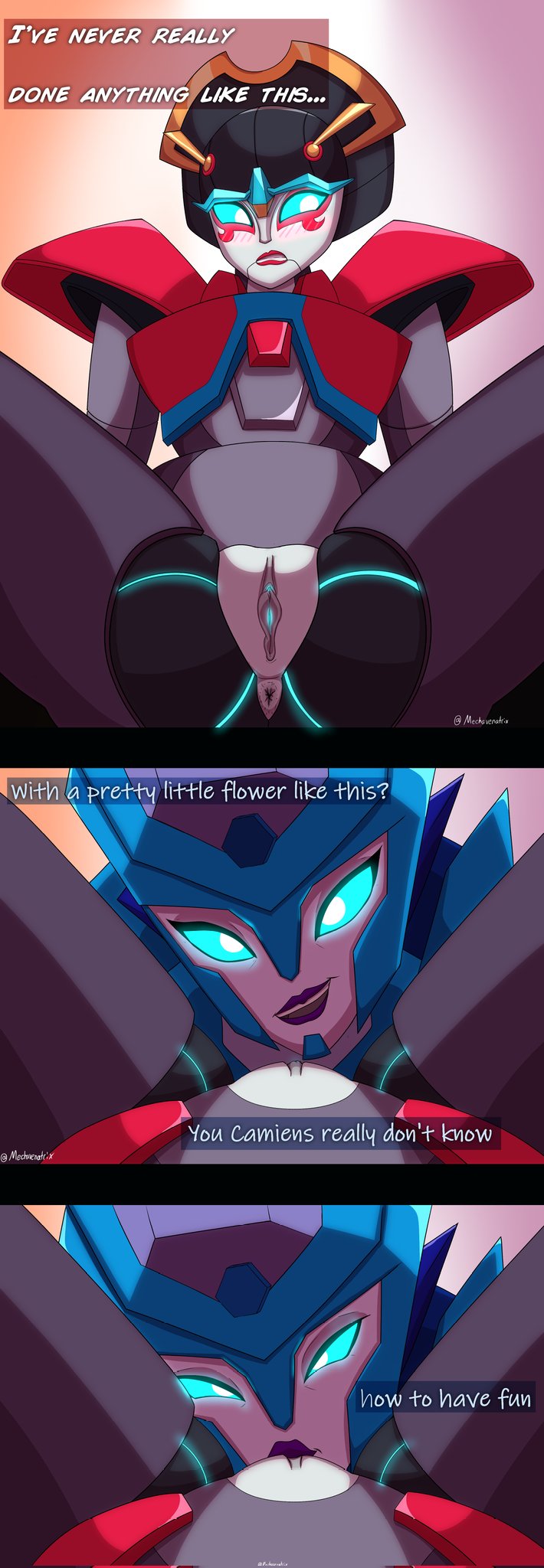 anus blue_eyes blush bottomless chromia clitoris comic_strip english_text glowing_eyes imminent_oral mechavee oral purple_lipstick pussy pussy_eating red_lipstick robot robot_girl robot_humanoid text transformers transformers_cyberverse vagina windblade