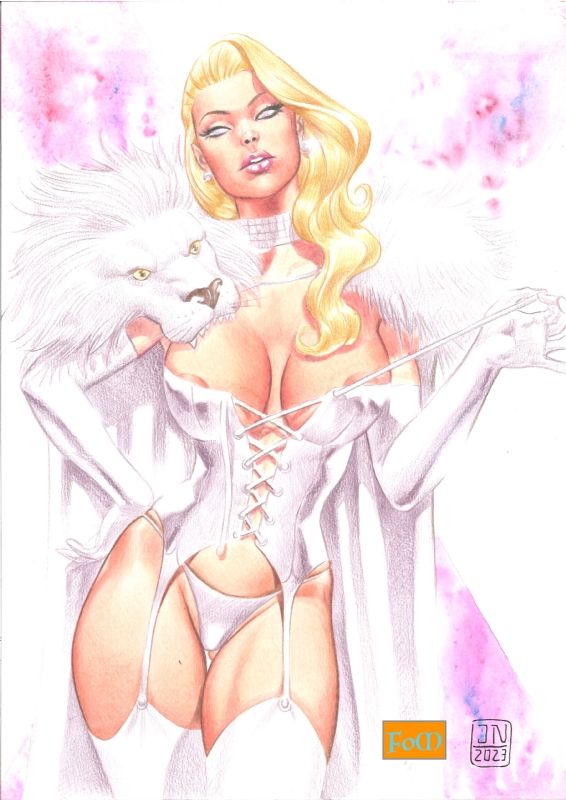 blonde_hair breasts cape choker cleavage corset curvy curvy_female earrings elbow_gloves emma_frost female garter_straps hellfire_club hourglass_figure huge_breasts jarbas_nogueira lion marvel marvel_comics navel nipple_slip nipples panties thick_thighs thighhighs white_eyes white_lingerie white_lion white_queen x-men