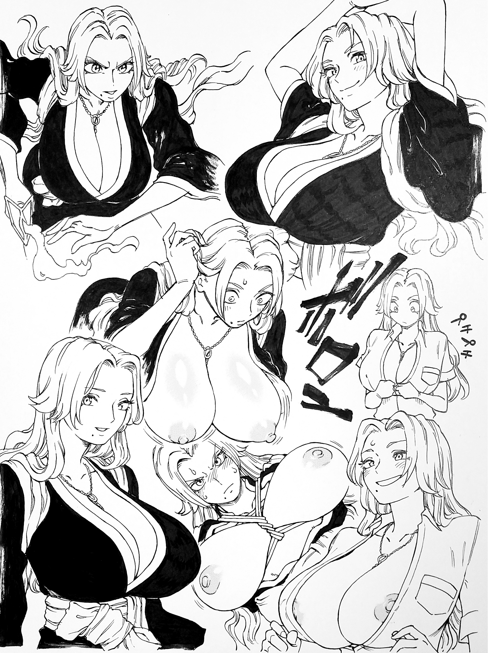 1girls, ashigaru, big breasts, bleach, breasts, busty, cleavage, female, female only, matsumoto rangiku, monochrome, multiple poses, multiple views, voluptuous, voluptuous female