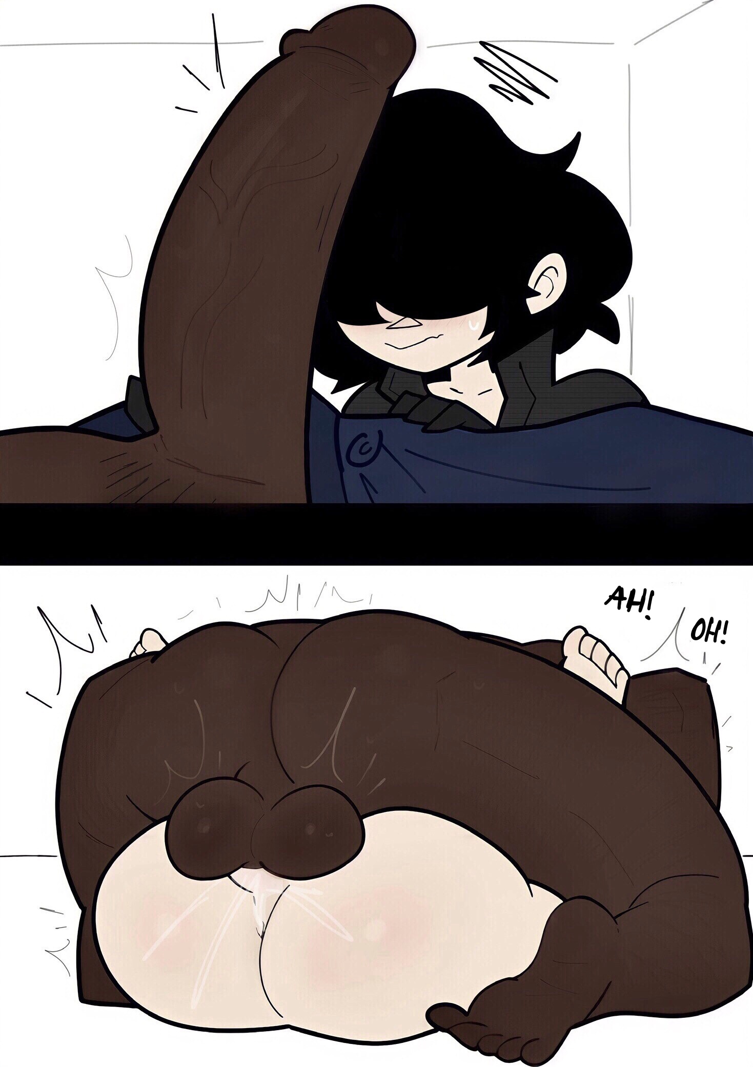 1boy, 1girls, 2koma, 5 toes, age difference, alternate version available, anus, ass, asshole, backsack, balls, balls deep, ballsack, barefoot, big dom small sub, black hair, female, gorillaz, goth, interracial, male, mating press, noodle (gorillaz), shellzzz, text