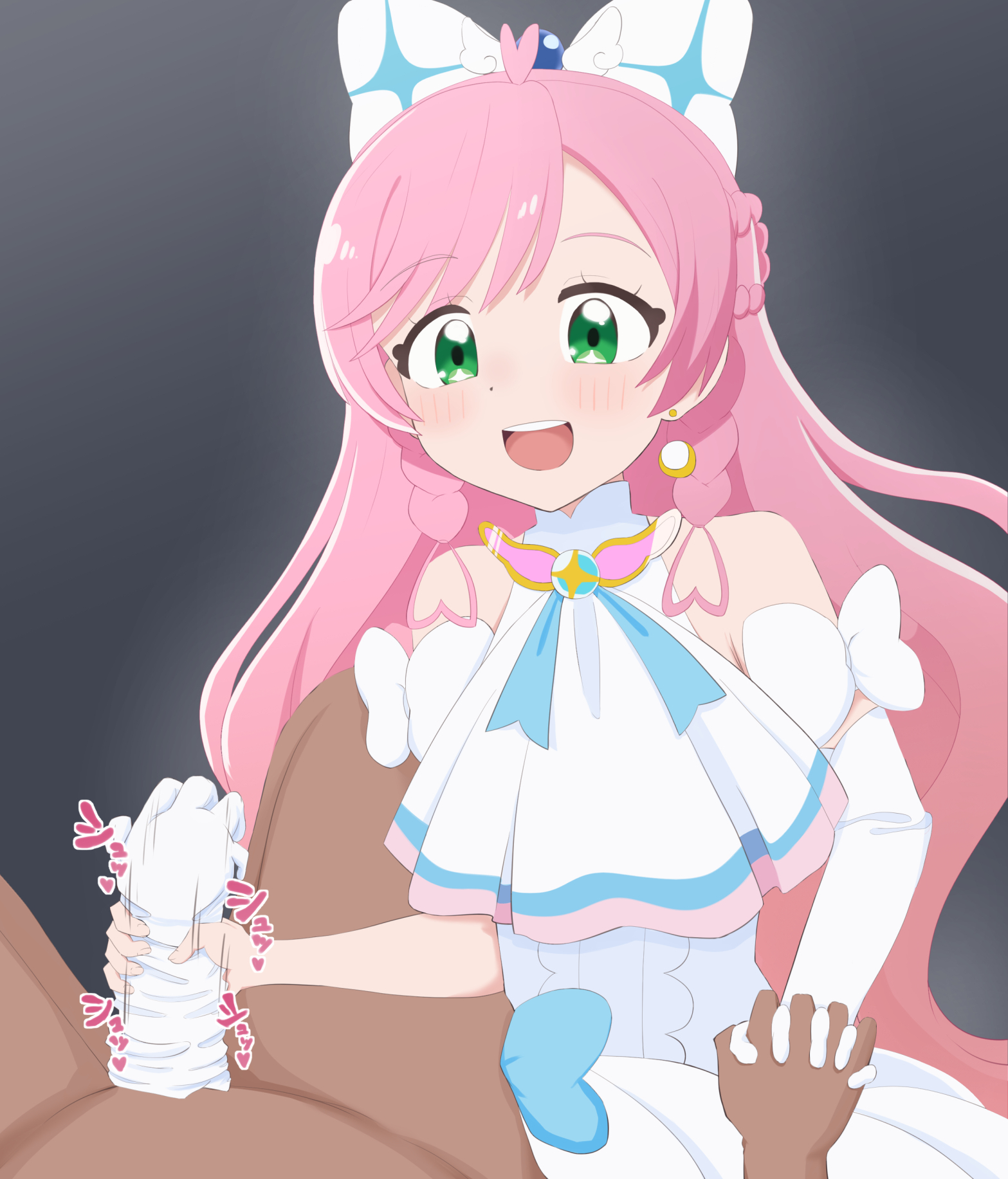 1boy, 1girls, age difference, blush, bow, clothing, consensual, cure prism, dark skin, dark-skinned male, duo, female, glovejob, gloves, green eyes, handjob, hirogaru sky! precure, light skin, light-skinned female, magical girl, male, mori shita sosu, nijigaoka mashiro, pink hair, precure, pretty cure, straight