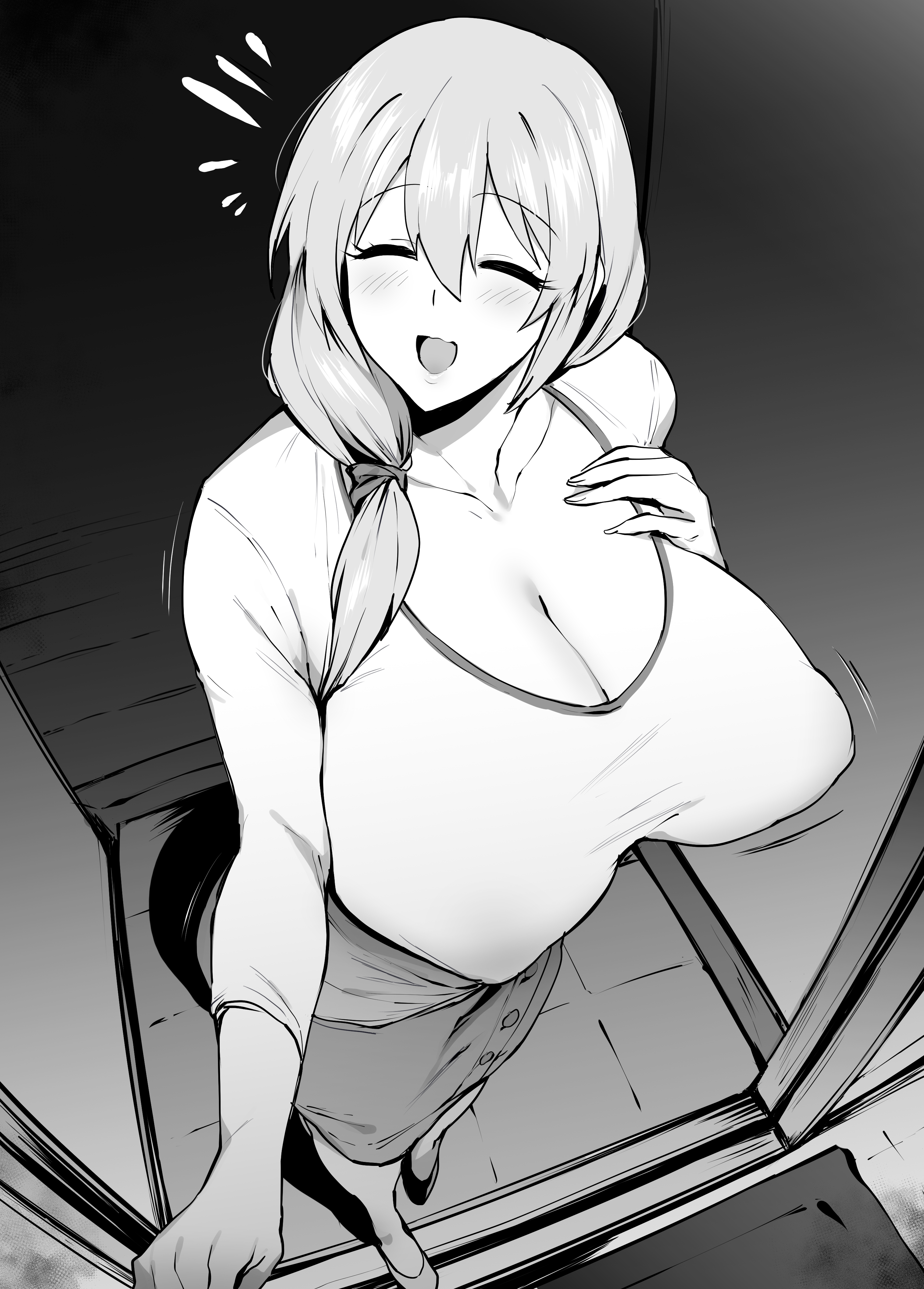 :d, absurdres, breasts, cleavage, closed eyes, doorway, facing viewer, female, female only, greyscale, hair between eyes, hair over shoulder, hand on own chest, highres, huge breasts, long hair, low-tied long hair, mature female, milf, monochrome, open mouth, opening door, pencil skirt, shirt, shoes, short sleeves, skirt, smile, solo, thirty 8ght, uzaki tsuki, uzaki-chan wa asobitai!, voluptuous, voluptuous female