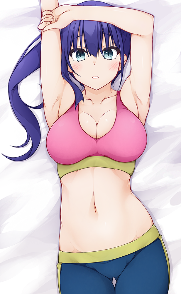 1girls armpits arms_up blue_hair blush breasts engage_kiss hinata_masaki large_breasts light-skinned_female light_skin looking_at_viewer lying_on_back lying_on_bed navel on_bed pink_sports_bra sports_bra stomach yuugiri_ayano