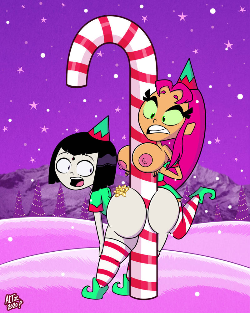 2d alien alien_girl alien_look_like_human altzegoz_(artist) assjob between_buttocks bow_on_ass candy_cane dc dc_comics elf_costume grey-skinned_female grey_skin koriand'r object_paizuri outside rachel_roth raven_(dc) snowing starfire striped_legwear tan-skinned_female tan_skin teen_titans teen_titans_go worried_expression