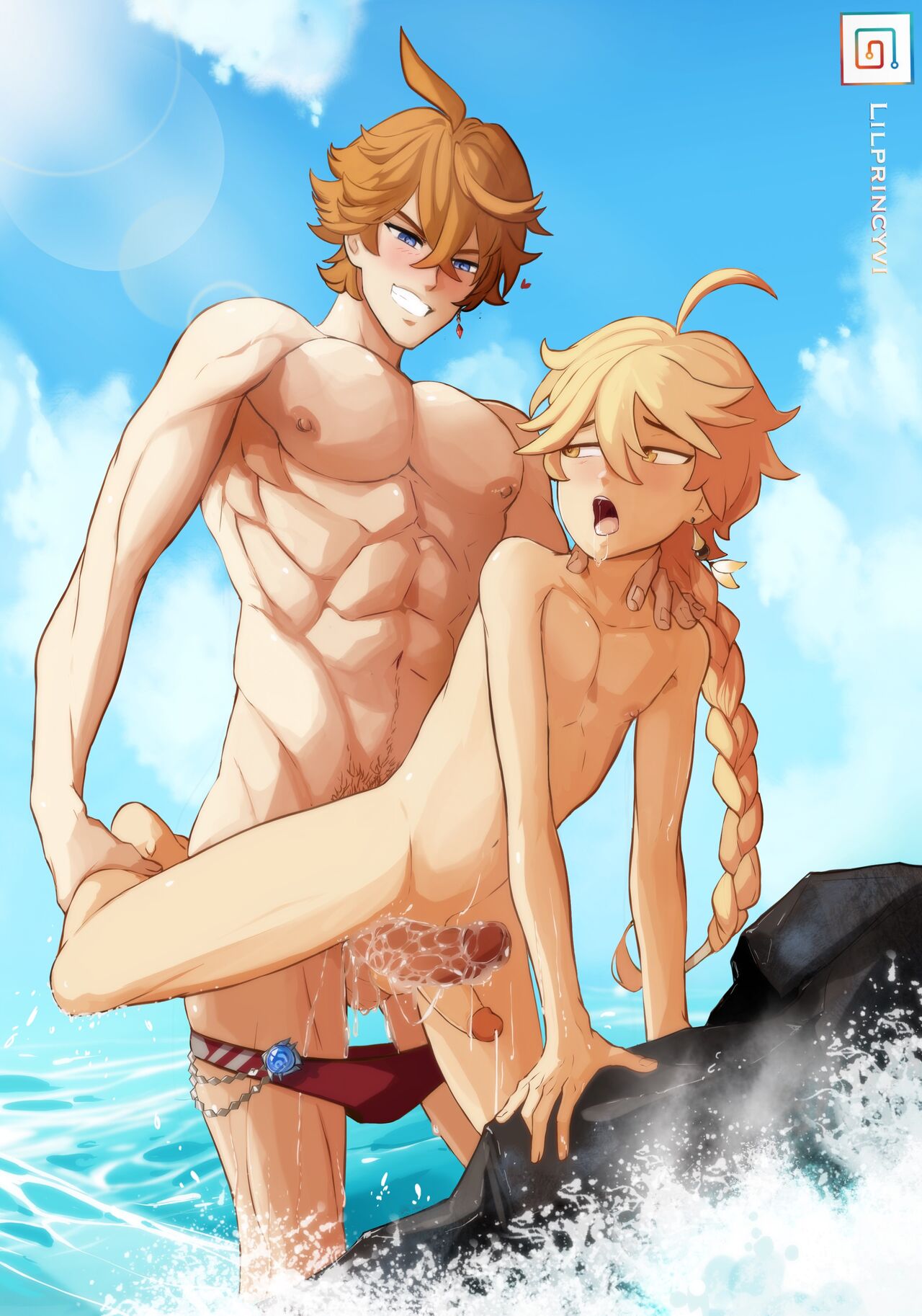 2boys, aether (genshin impact), after sex, childe (genshin impact), cum, gay, genshin impact, lilprincyvi, male, male only, male/male, penis, tartaglia (genshin impact), yaoi