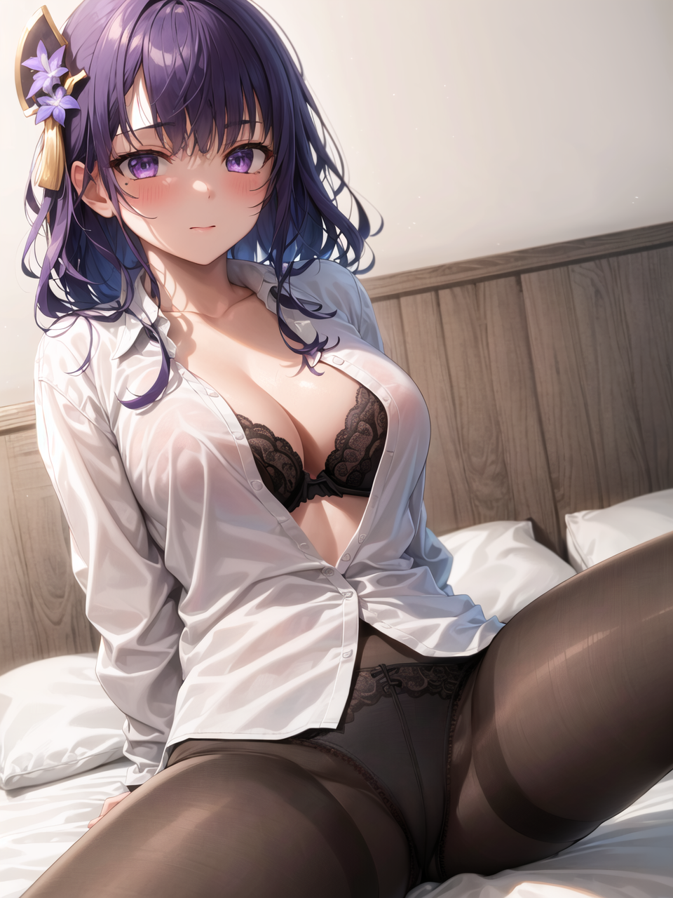 1girls, ai generated, curvaceous, curvy body, curvy figure, female, female focus, genshin impact, legwear, lingerie, long hair, mihoyo, office lady, raiden shogun, seductive eyes, stable diffusion, underwear, violet hair