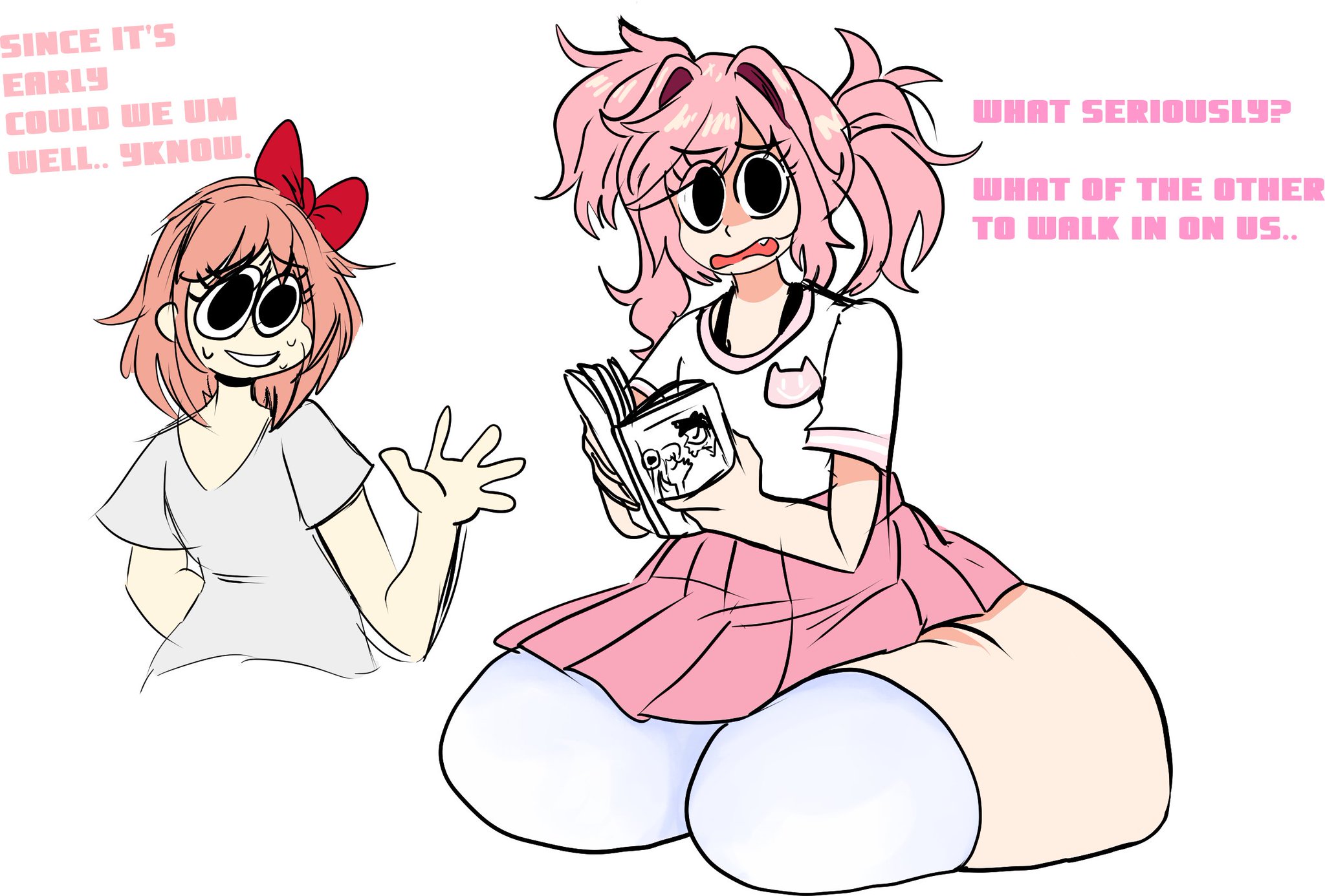 2girls, ass, doki doki literature club, english, english text, fat ass, female, female only, grey shirt, huge thighs, lemonadepikachu, natsuki (doki doki literature club), pink hair, pink skirt, pink-haired female, sayori (doki doki literature club), skirt, tagme, text