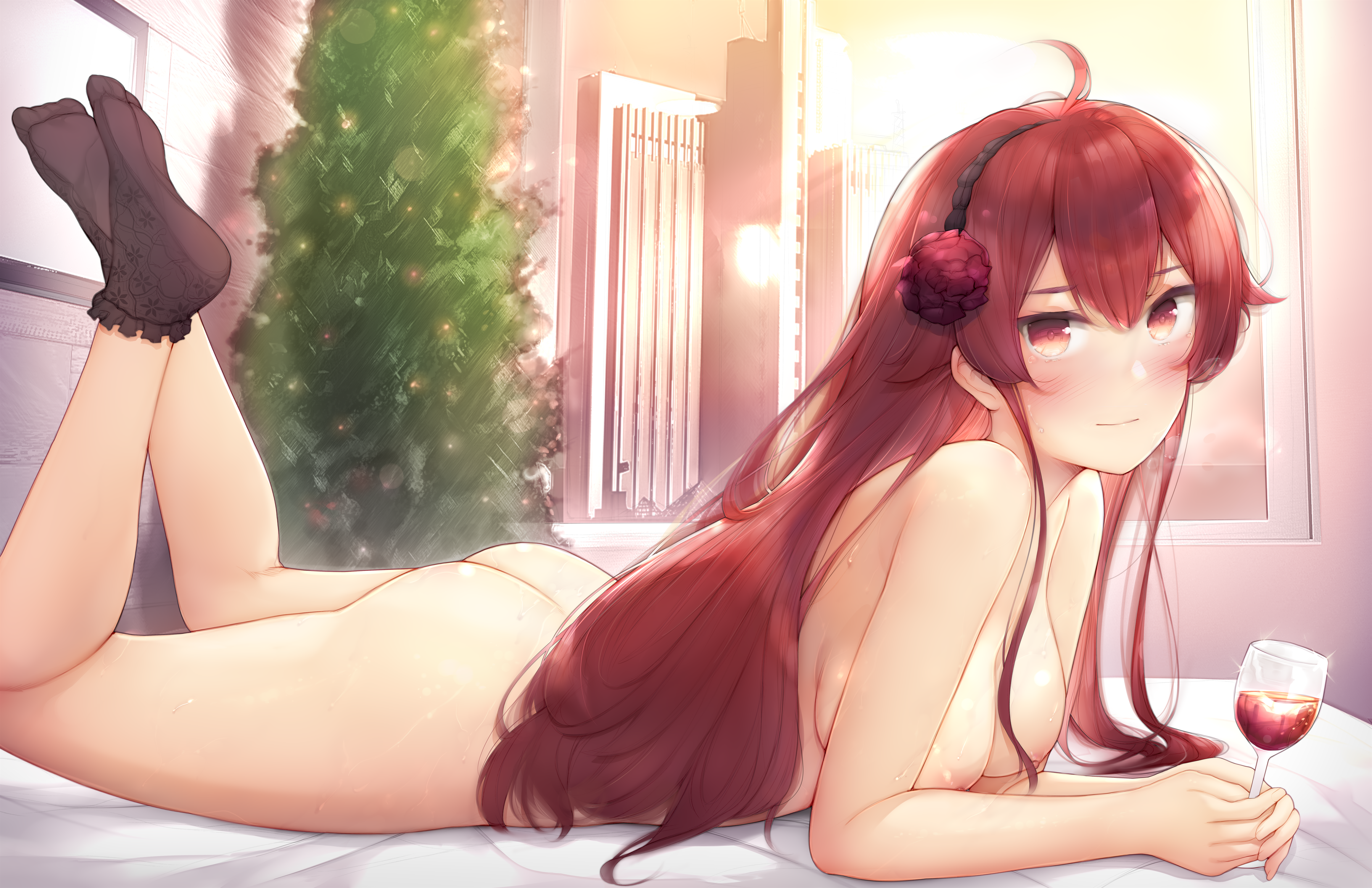 1girls, ahoge, ankle socks, anklehighs, areolae, ass, bare shoulders, black socks, blush, breasts, christmas tree, eris greyrat, female, female only, frilled socks, hairband, highres, indoors, kimoshi, legs up, light skin, light-skinned female, long hair, looking at viewer, lying, medium breasts, mushoku tensei, naked, nipples, nude, on bed, on stomach, red eyes, red hair, smile, socks, socks only, solo, sweat, tears, window, wine glass
