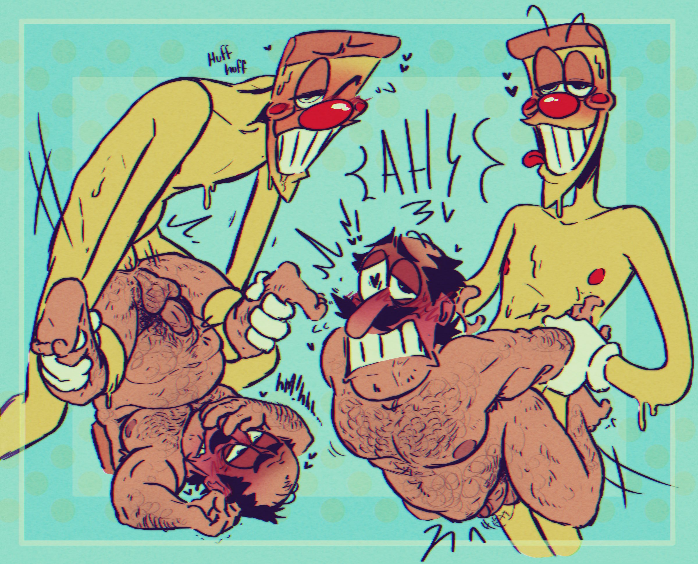 2boys, anal, anal sex, balls, blush, blushing, fat male, gay, hairy, hairy armpits, hairy arms, hairy balls, hairy chest, hairy male, hardcore, heart-shaped pupils, lifting, lifting person, male, mustache, naked, penetration, penis, peppino spaghetti, pizza tower, pizzahead, sex, submissive male