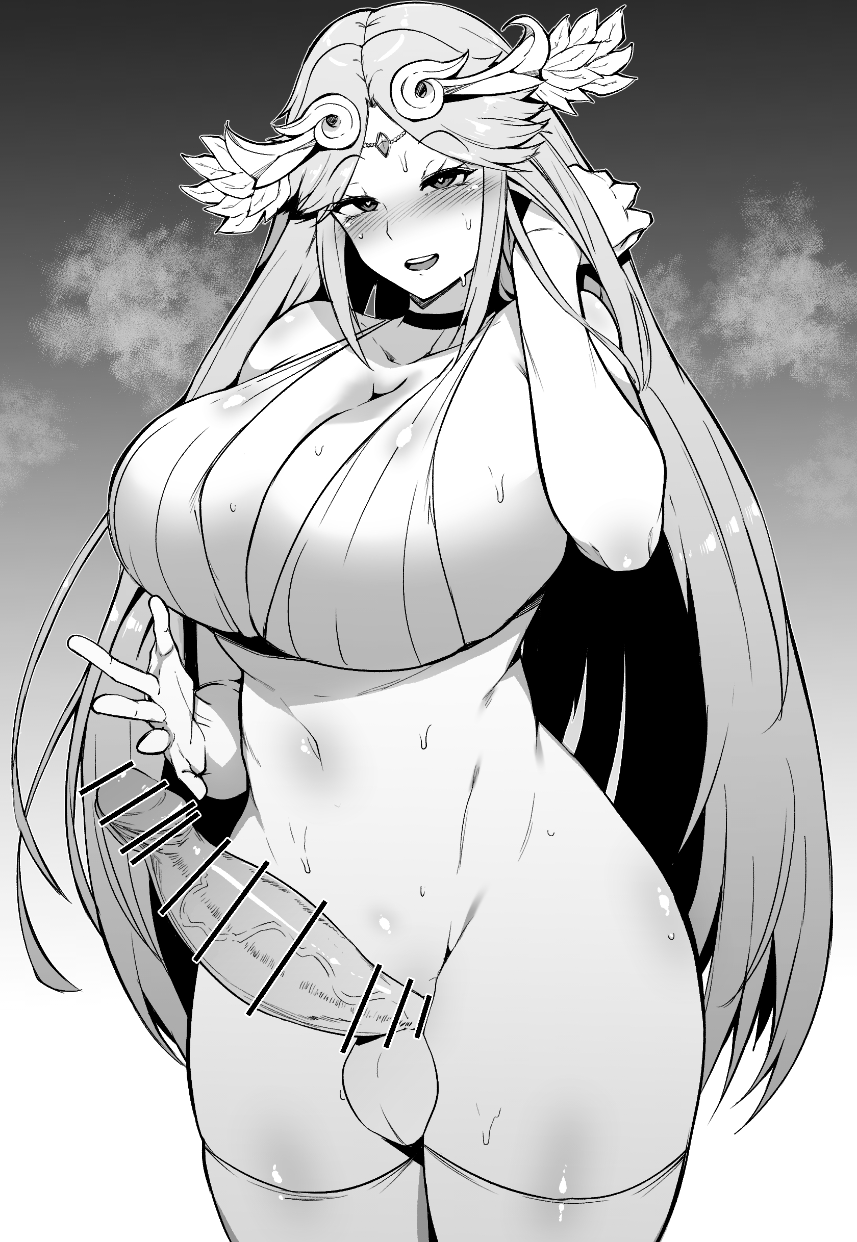1futa, ass, balls, bar censor, big balls, big breasts, big penis, bottomless, bra, breasts, censor bar, censored, clothed, clothing, erect penis, erection, futa only, futanari, greyscale, hair ornament, horny, huge penis, humanoid, humanoid penis, intersex, kid icarus, large breasts, large penis, long hair, makin tama, monochrome, mostly nude, nintendo, open mouth, palutena, penis, solo, solo futa, standing, steam, stockings, vein, veiny penis, wide hips