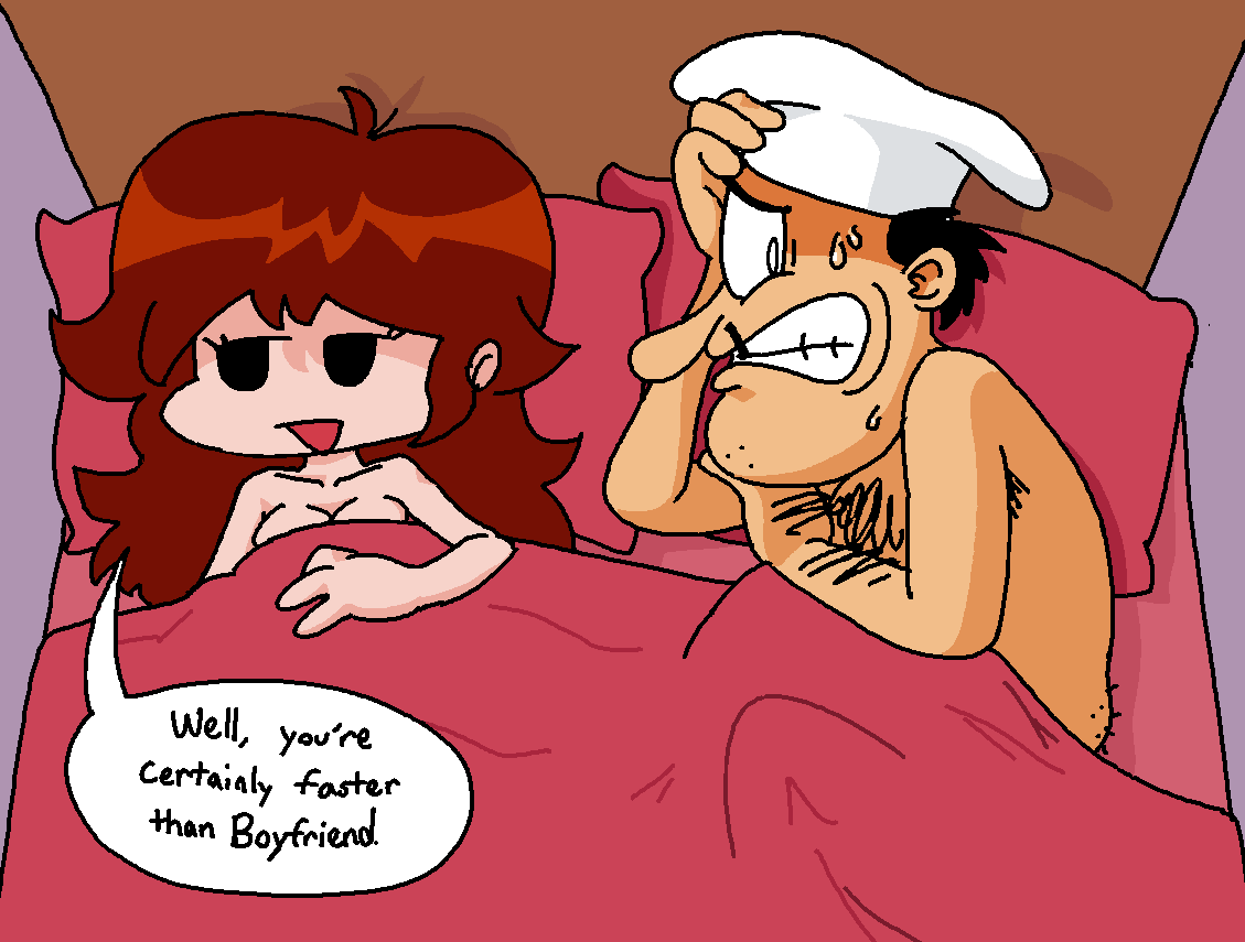 1boy, 1girls, after sex, bed, bed sheet, body hair, breasts, cheating, cheating girlfriend, chef hat, chest hair, chest tuft, crossover, derivative work, dialogue, disappointed, embarrassed, english text, female, friday night funkin, girlfriend (friday night funkin), hairy arms, hairy ass, hat, humor, long nose, male, meme, moustache, mustache, nude, parody, peppino spaghetti, pizza tower, premature ejaculation, red hair, speech bubble, stubble, sweat, sweatdrop, sweating, text