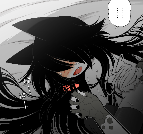 animal_ears black_hair blush cat_ears cat_girl catgirl chlomaki covered_eyes funamusea funamusea_(artist) hair_over_breasts hair_over_eyes holding_hands implied_sex long_hair lowres lying_down lying_on_back nightgown official_art open_mouth out_of_frame out_of_frame_censoring partially_undressed solo_focus thighhighs wadanohara_and_the_great_blue_sea white_body