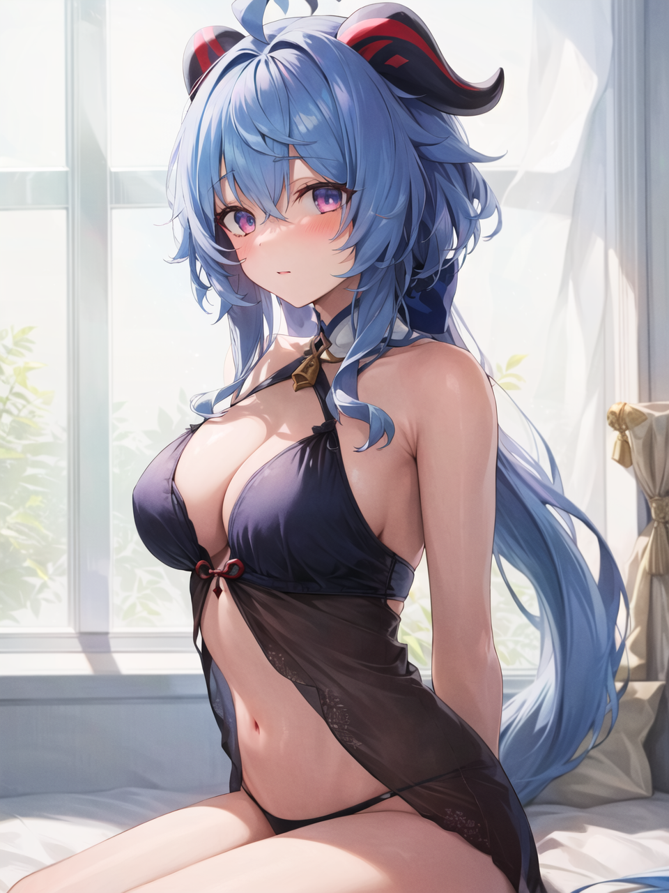 1girls, ahoge, ai generated, blue hair, blush, breasts, female, ganyu (genshin impact), genshin impact, horns, huge breasts, indoors, light skin, light-skinned female, lingerie, long hair, looking at viewer, panties, revealing clothes, stable diffusion, underwear