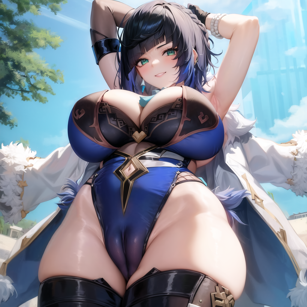 ai generated, armpits, big breasts, big thighs, blue hair, blush, breasts, busty, curvy, female, female only, genshin impact, huge breasts, huge thighs, large breasts, large thighs, muffin (pixiv90604375), nai diffusion, pussy, pussy visible through clothes, solo, solo female, stable diffusion, stretching, thick thighs, thighs, turquoise eyes, yelan (genshin impact)