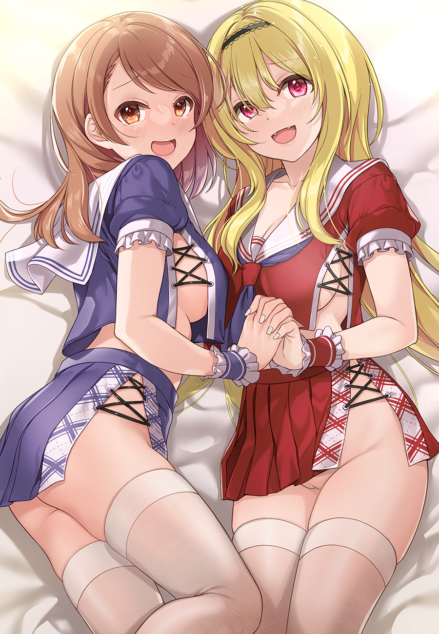 2girls bangs blonde_hair breasts brown_hair fangs frills hairband hand_up highres hojo_karen idolmaster idolmaster_cinderella_girls kurosaki_chitose long_hair mk_(mod0) multiple_girls neckerchief no_panties on_bed orange_eyes purple_neckerchief purple_serafuku pussy red_eyes red_serafuku sailor_collar school_uniform serafuku sideboob skirt smile thighhighs underwear white_sailor_collar white_thighhighs