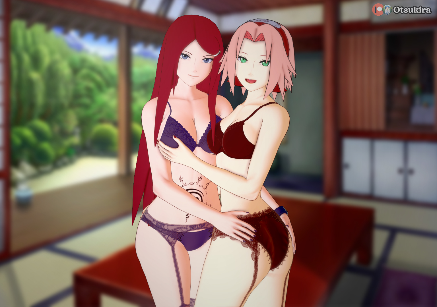 2girls, adult, age difference, ass, ass grab, bra, breast grab, breasts, cleavage, curvaceous, female, female only, garter belt, garter straps, green eyes, koikatsu, lingerie, long hair, looking at viewer, midriff, milf, multiple females, multiple girls, naruto, naruto (series), naruto shippuden, older female, otsukira, panties, pink hair, purple eyes, red hair, sakura haruno, smile, stomach tattoo, take your pick, tattoo, teenager, uzumaki kushina, very long hair, wide hips, younger female, yuri
