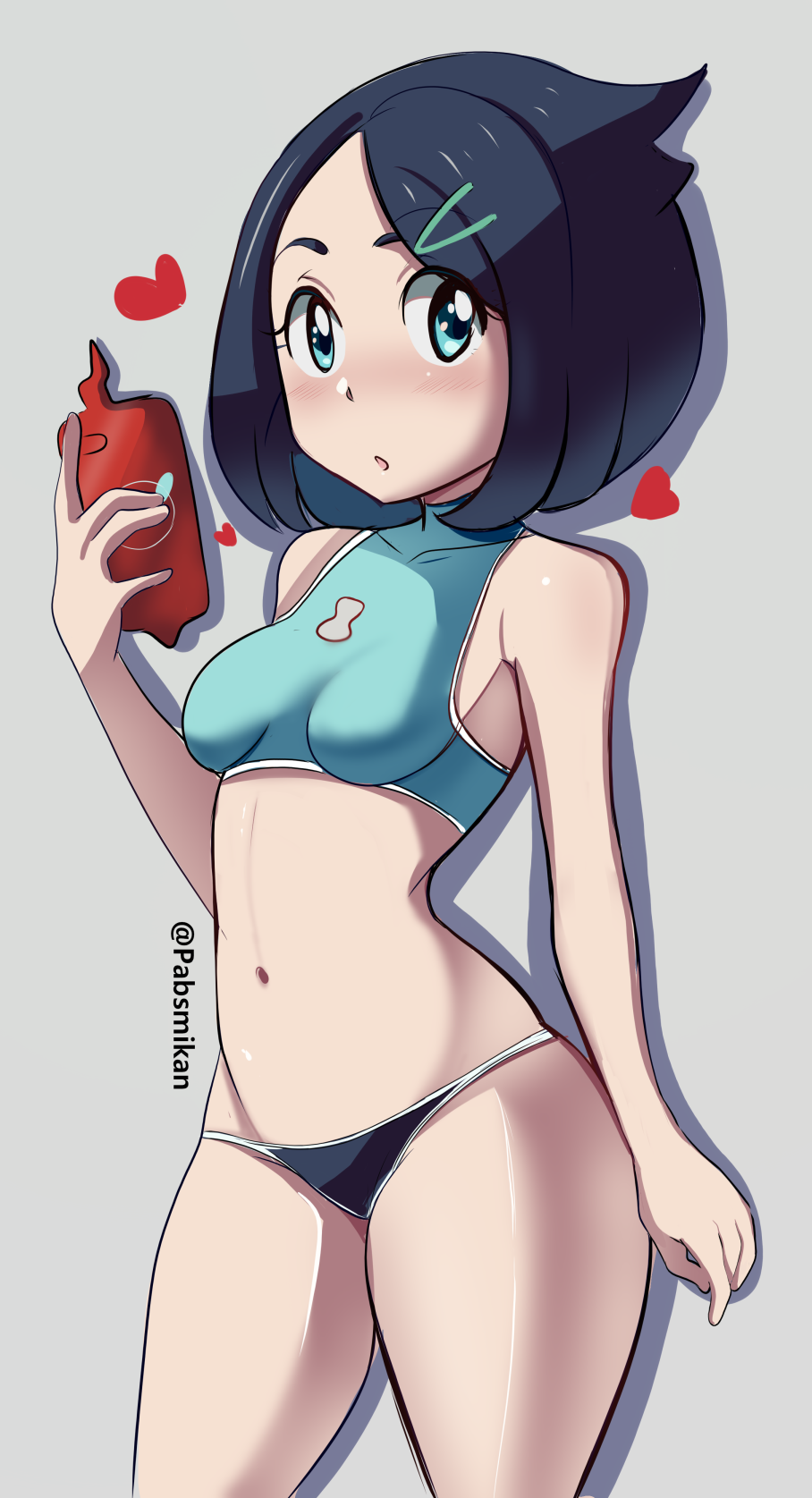 1girls bare_arms bare_legs bare_midriff bare_shoulders bare_thighs belly_button black_hair blue_eyes blue_highlights blue_sports_bra blue_underlights clothing dark_blue_hair dark_blue_underwear electronics female female_only green_hairclip hairclip hearts_around_head human liko_(pokemon) midriff navel pabsmikan pale_skin phone pokemon pokemon_(anime) pokemon_horizons rotom rotom_phone short_hair solo sports_bra thick_thighs underwear