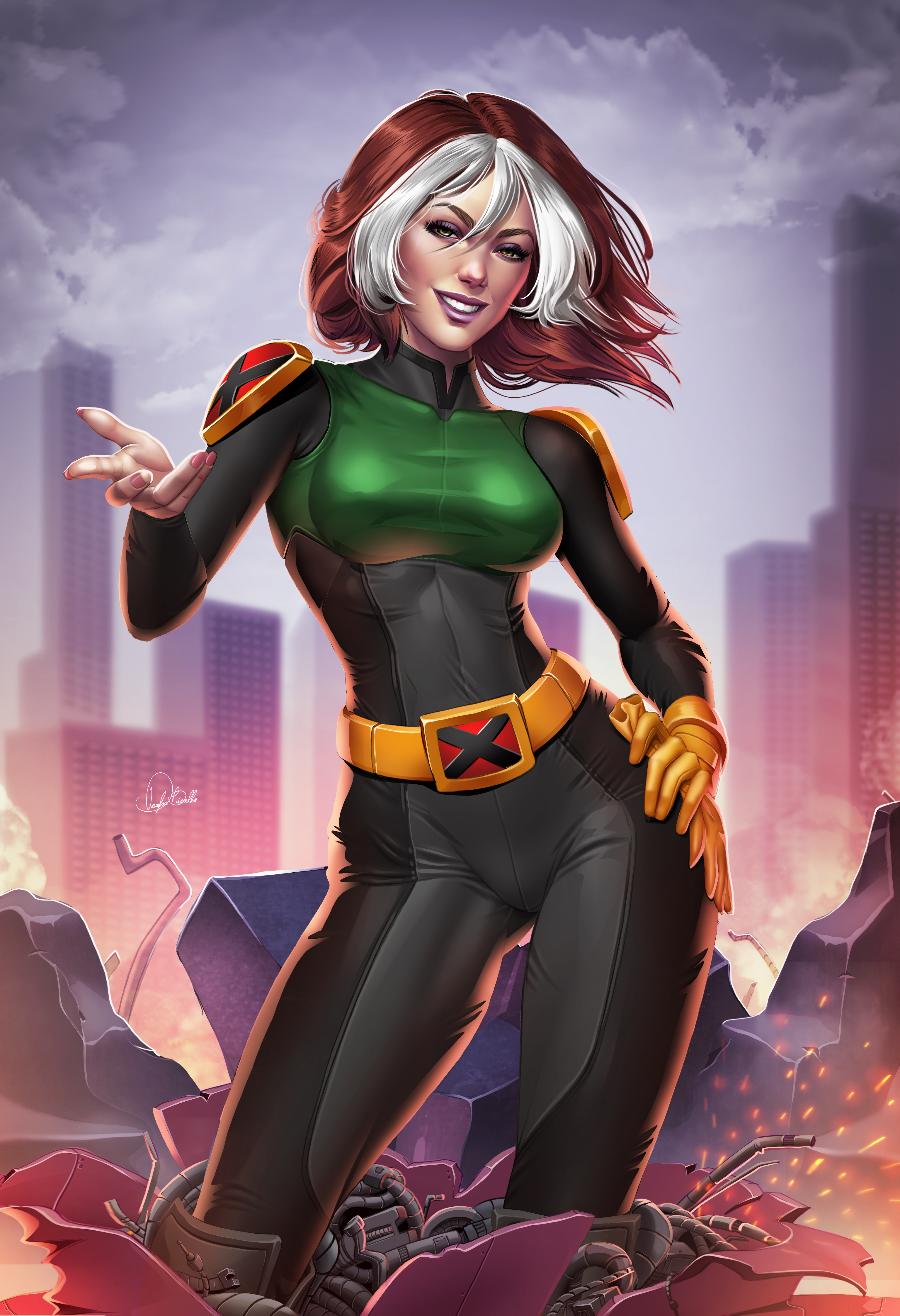 1girls, alternate version available, anna marie, brown hair, clothed, clothed female, douglas bicalho, female, fully clothed, green eyes, hand on hip, looking at viewer, marvel, marvel comics, multicolored hair, rogue (evolution), rogue (x-men), sfw, sfw version, smiling, teeth showing, x-men, x-men evolution