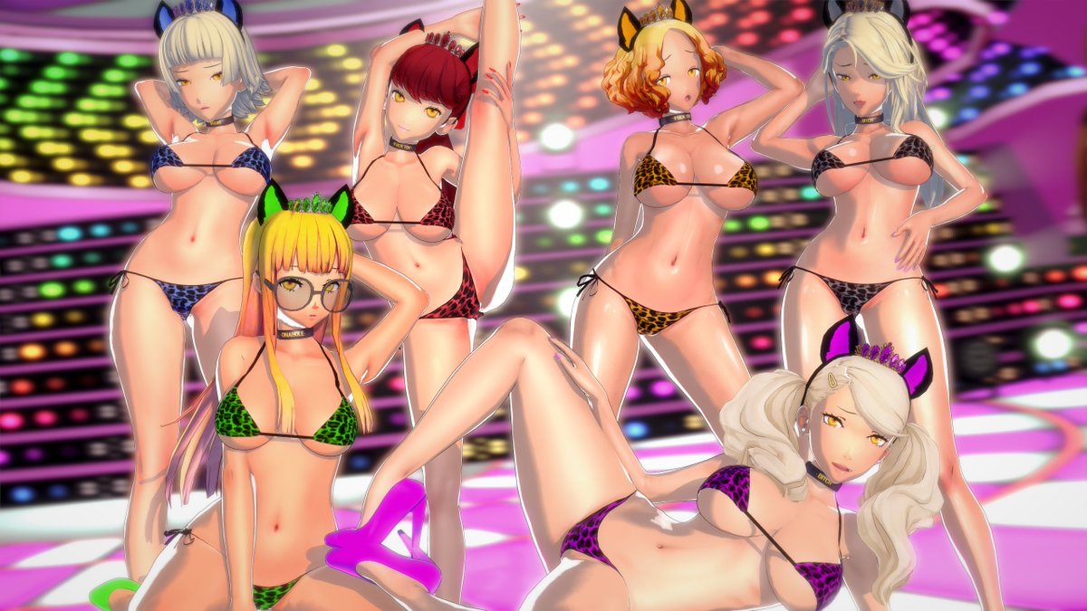 3d, 3d (artwork), ann takamaki, atlus, big breasts, bikini, bimbo, breasts, cat ears, cognitive ann, female, gyaru, haru okumura, high heels, kasumi yoshizawa, leopard print, leopard print bikini, looking at viewer, makoto niijima, megami tensei, numbersguy, persona, persona 5, persona 5 royal, sae niijima, sakura futaba, sumire yoshizawa