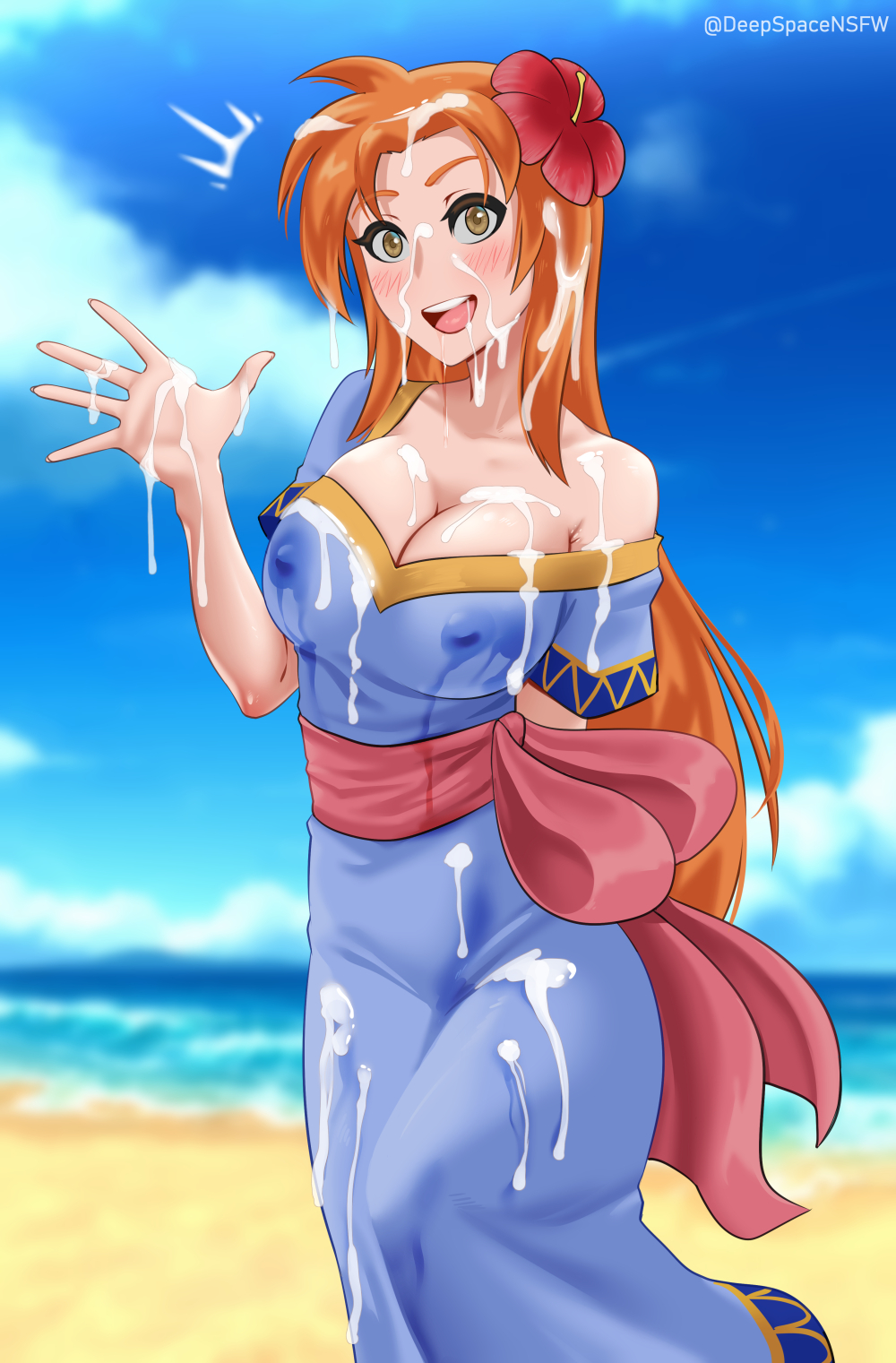 1girls beach cleavage clothed cum cum_on_body cum_on_breasts cum_on_clothes cum_on_face deepspace female link's_awakening long_hair marin nintendo nipple_bulge orange_hair outdoors outside solo the_legend_of_zelda wet_nipples