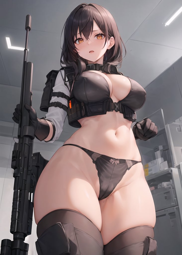 1girls ai_generated battle_suit big_breasts black_hair curvaceous curvy_body curvy_female curvy_figure female_focus female_only gun hi_res highres looking_at_viewer looking_down original original_character rifle seductive_look short_hair stable_diffusion stuffyai underwear