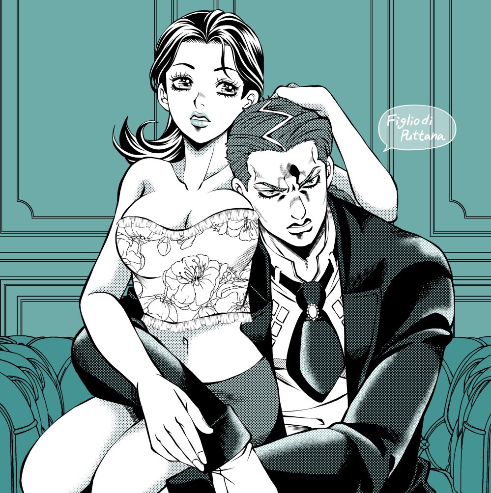 1boy 1girls alternate_hairstyle bare_shoulders breasts canon_couple cleavage collarbone couch couple crop_top diavolo donatella_una female figlio_di_puttana formal frown hand_on_another's_head hug human indoors italian_text jacket jojo's_bizarre_adventure kidocch1 large_breasts lips long_sleeves looking_away male medium_hair midriff mother navel on_couch parted_lips shounen_jump sitting sitting_on_person skirt speech_bubble straight suit vento_aureo