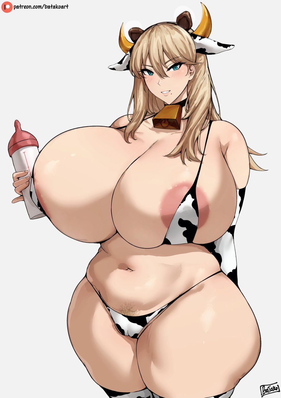 1girls, areola slip, areolae, batako, bikini, breasts, cow print, female, female only, frigga (last origin), gigantic breasts, huge breasts, huge hips, last origin, looking at viewer, pubic hair, pubic hair peek, solo, solo female, standing, thick thighs, wide hips