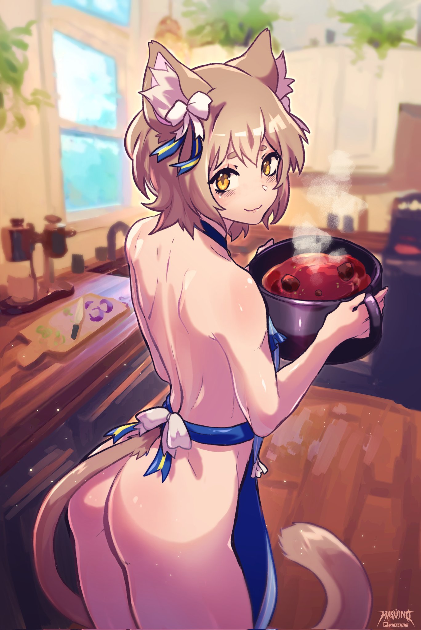 1boy animal_ears apron ass brown_hair cute felix_argyle femboy girly light_skin masvino naked_apron re:zero_kara_hajimeru_isekai_seikatsu tail