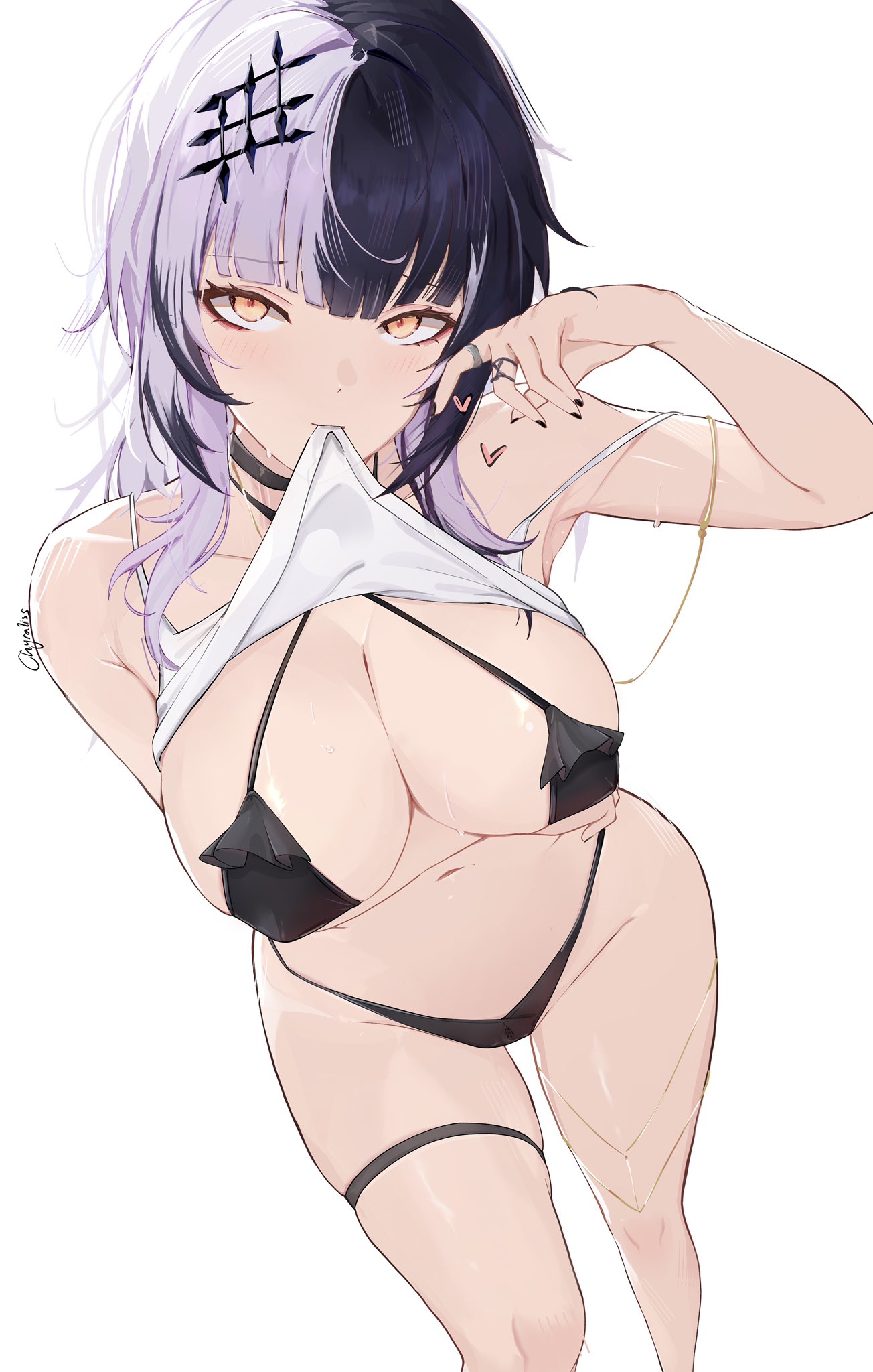 bikini black_bikini chyraliss hololive hololive_english hololive_english_-advent- shiori_novella shirt_lift split-color_hair thigh_strap virtual_youtuber