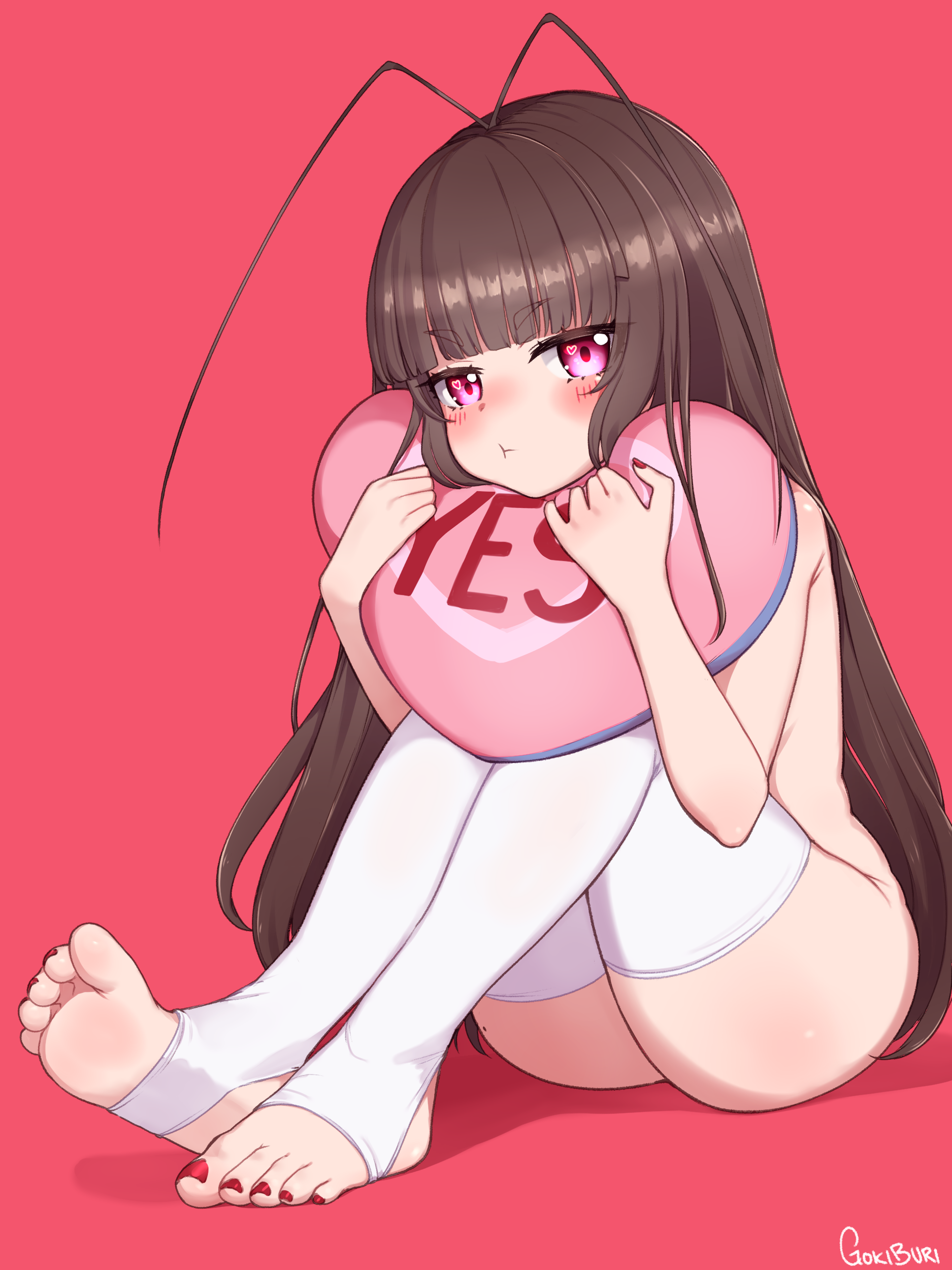 antennae, ass, blunt bangs, brown hair, feet, female, goki buri, gokiburi-chan, highres, hime cut, long hair, mole, mole on ass, nail polish, no panties, original, painted nails, petite, pink eyes, pout, red background, red nails, simple background, soles, solo, stirrup legwear, thighhighs, thighs, toeless legwear, toenail polish, toenails, toes, topless, valentine, white thighhighs, yes-no pillow