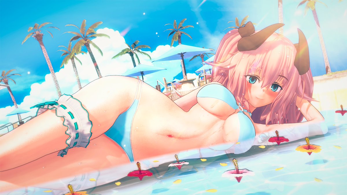 beach belly big_breasts bikini blue_bikini blue_eyes blush breasts curvy dragon_girl feminine_curves horns irelyth legs_together long_hair lying_on_side pink_hair submissive submissive_female succubus sumisa thighs_together vatista_sf