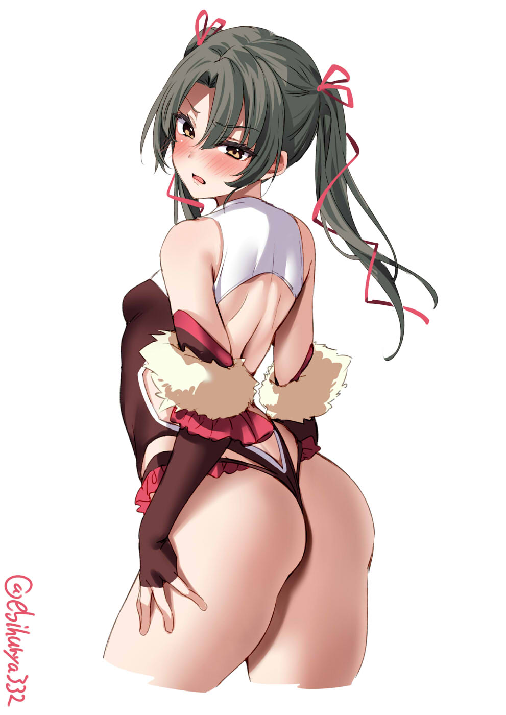 alternate_costume ass bangs blush breasts bridal_gauntlets cosplay cropped_legs dark_green_hair ebifurya female hair_ribbon highres kantai_collection long_hair looking_at_viewer looking_back mizuki_yukikaze mizuki_yukikaze_(cosplay) one-hour_drawing_challenge open_mouth parted_bangs pink_ribbon ribbon simple_background small_breasts solo taimanin_(series) taimanin_suit taimanin_yukikaze thighs twintails twitter_username white_background yellow_eyes zuikaku_(kantai_collection)