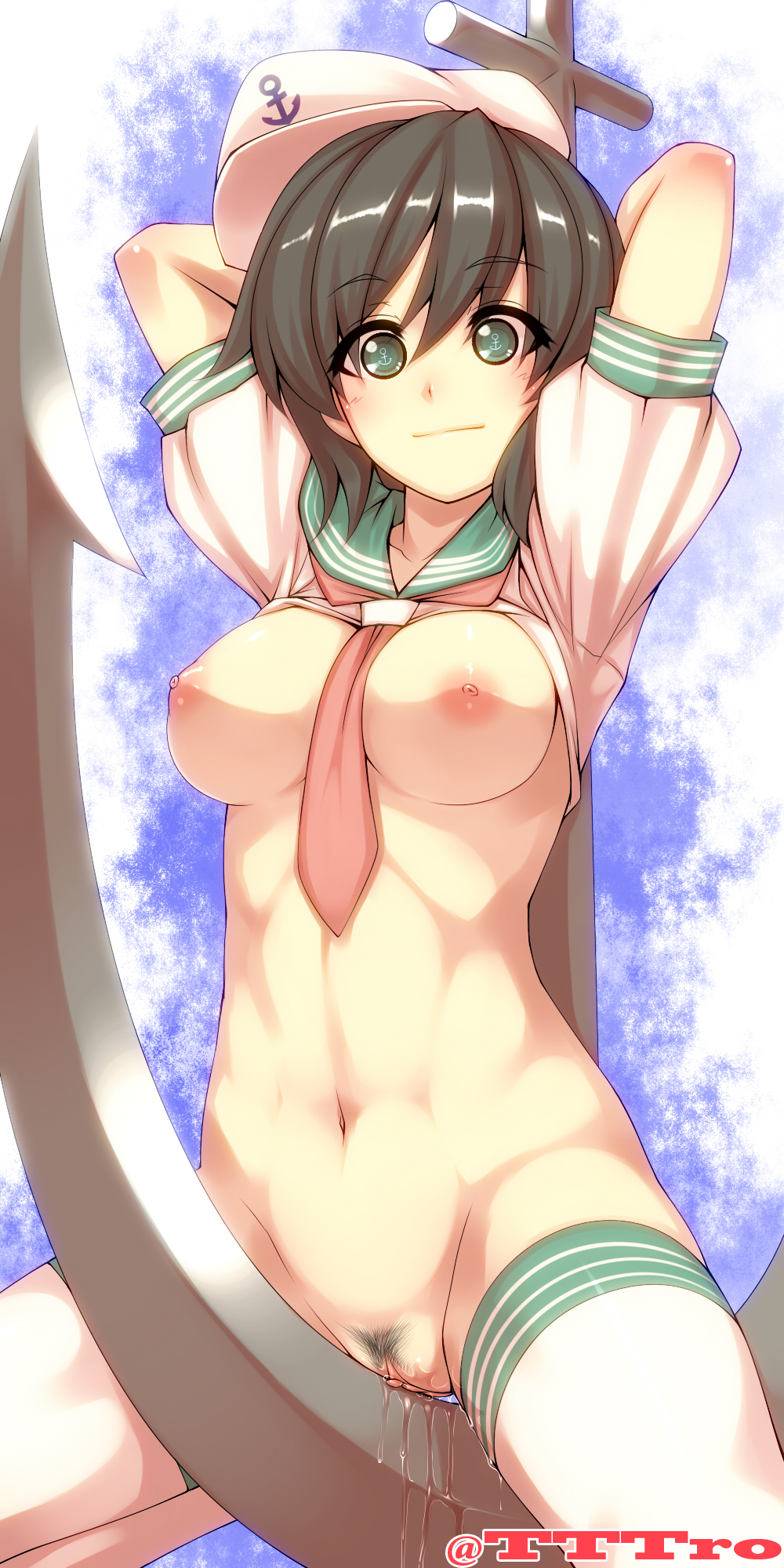 1girls anchor arms_behind_head artist_name big_breasts black_hair breasts busty clitoris crotch_rub female_masturbation female_pubic_hair green_eyes hat large_breasts masturbating masturbation minamitsu_murasa navel necktie necktie_between_breasts nipples nude pose posing pubic_hair pussy pussy_juice sailor_collar sailor_hat sensual shirt shirt_lift short_hair short_sleeves smile solo symbol-shaped_pupils thighhighs touhou tro uncensored white_thighhighs