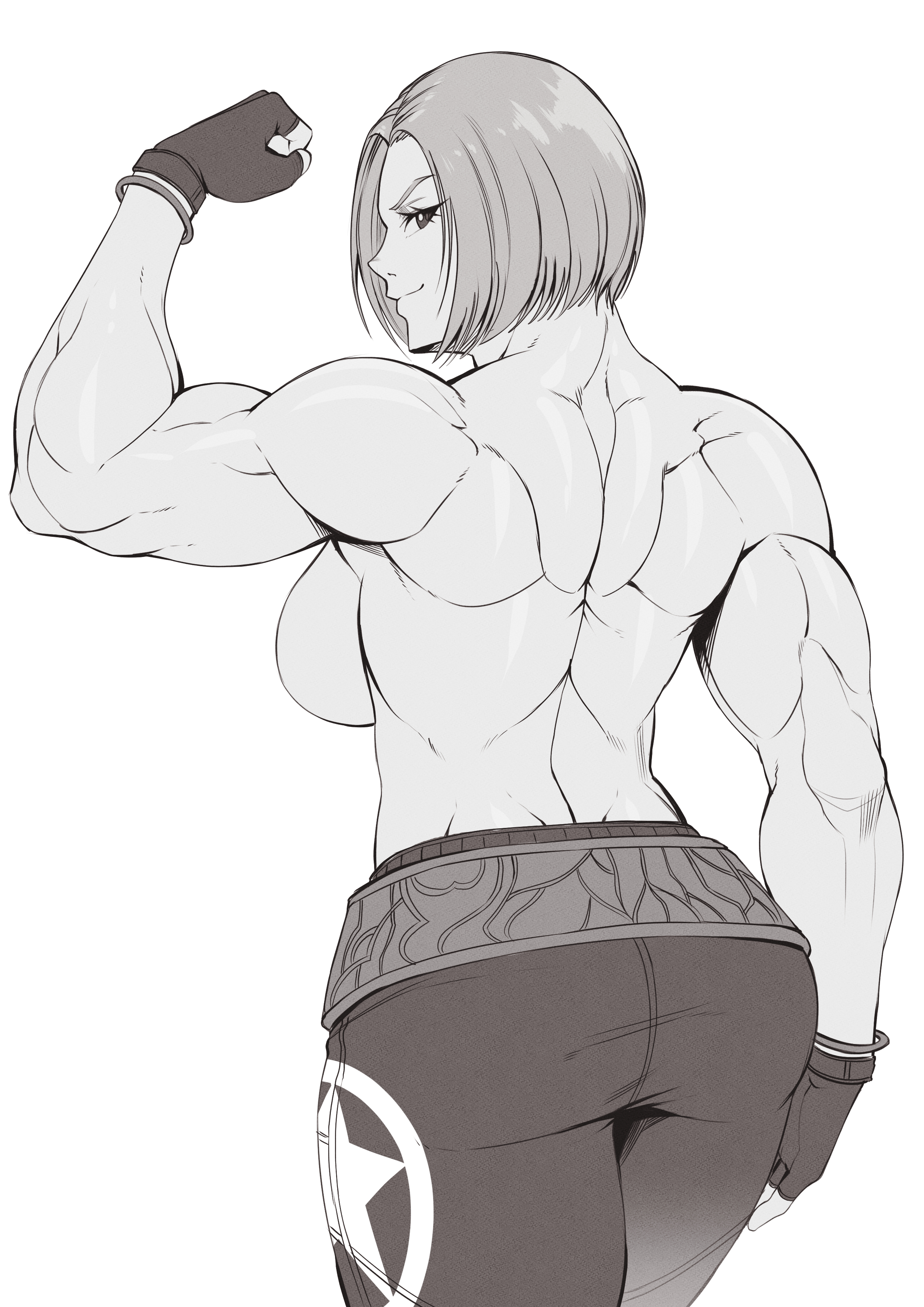 1girls, absurd res, armpits, ass, back, backboob, biceps, blue mary, breasts, commission, fatal fury, female, fingerless gloves, flexing, gloves, greyscale, hi res, king of fighters, large breasts, looking at viewer, looking back, monochrome, muscular, muscular arms, muscular back, muscular female, short hair, simple background, snk, solo, speedl00ver, topless, triceps, white background