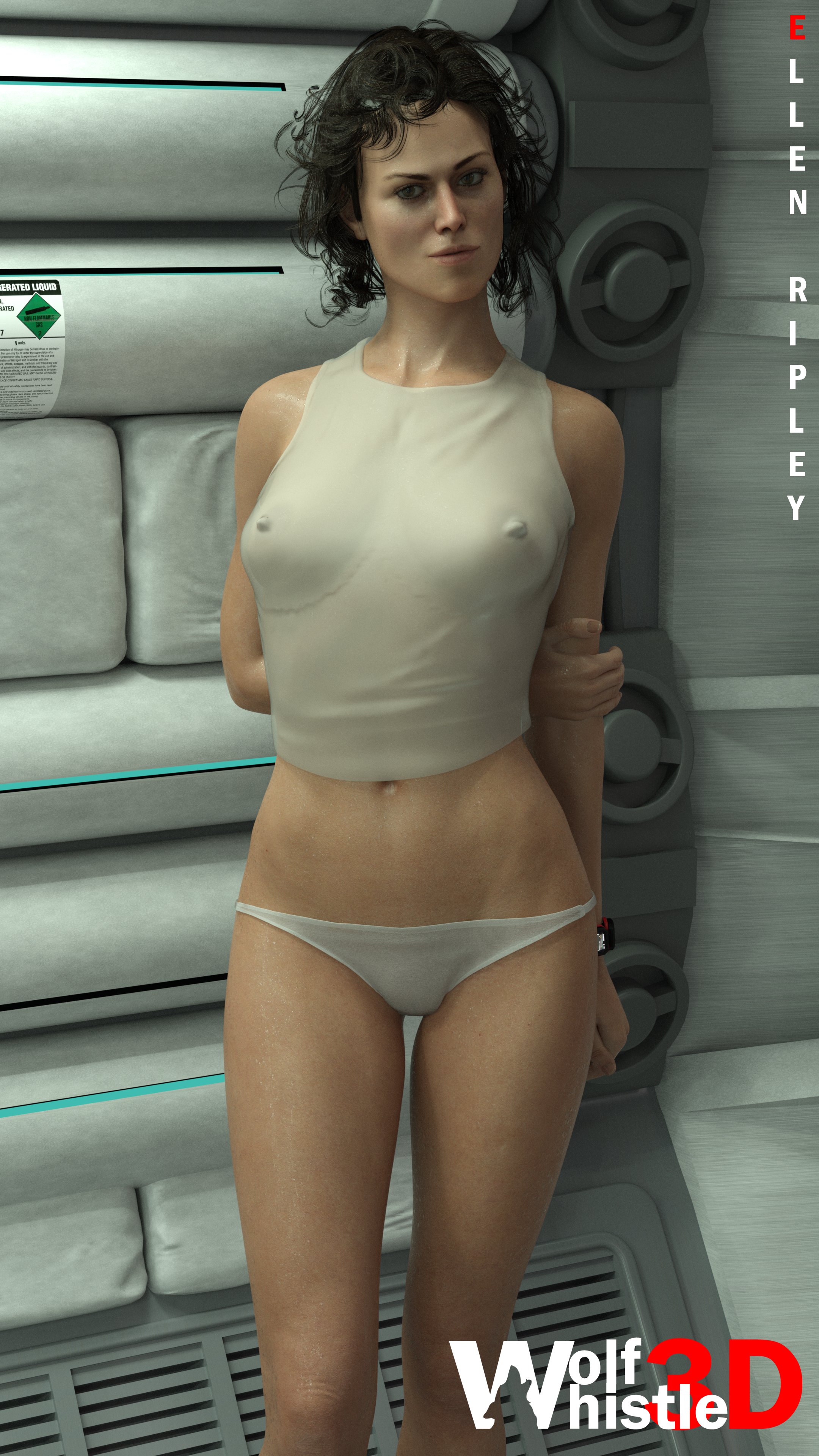 1girls, 3d, alien (franchise), breasts, character name, curly hair, ellen ripley, female, female human, female only, human, human female, nipples, nipples visible through clothing, panties, pinup, signature, sigourney weaver, solo, solo female, tank top, text, underwear, white tank top, wolfwhistle3d