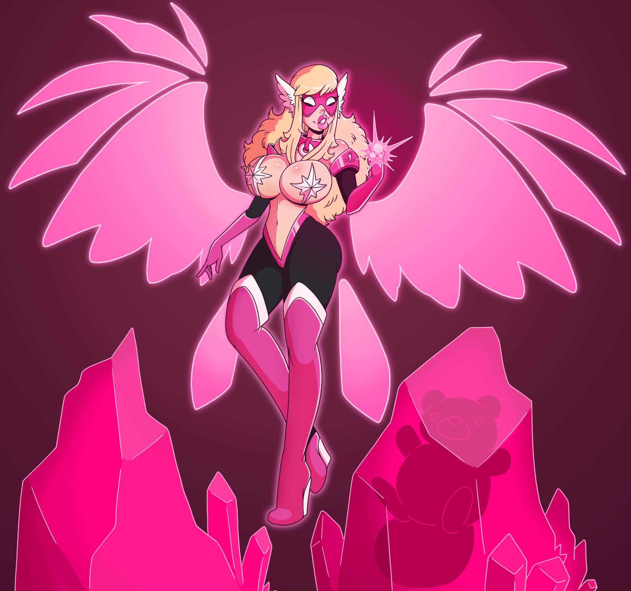 bimbo, bimbo body, bimbo lip, bimbo lips, bimbofication, bimbofied, blonde hair, female, long hair, masked female, oc, original character, skimpy, superheroine, tagme, valentine's day, voluptuous, voluptuous female, wrenzephyr2