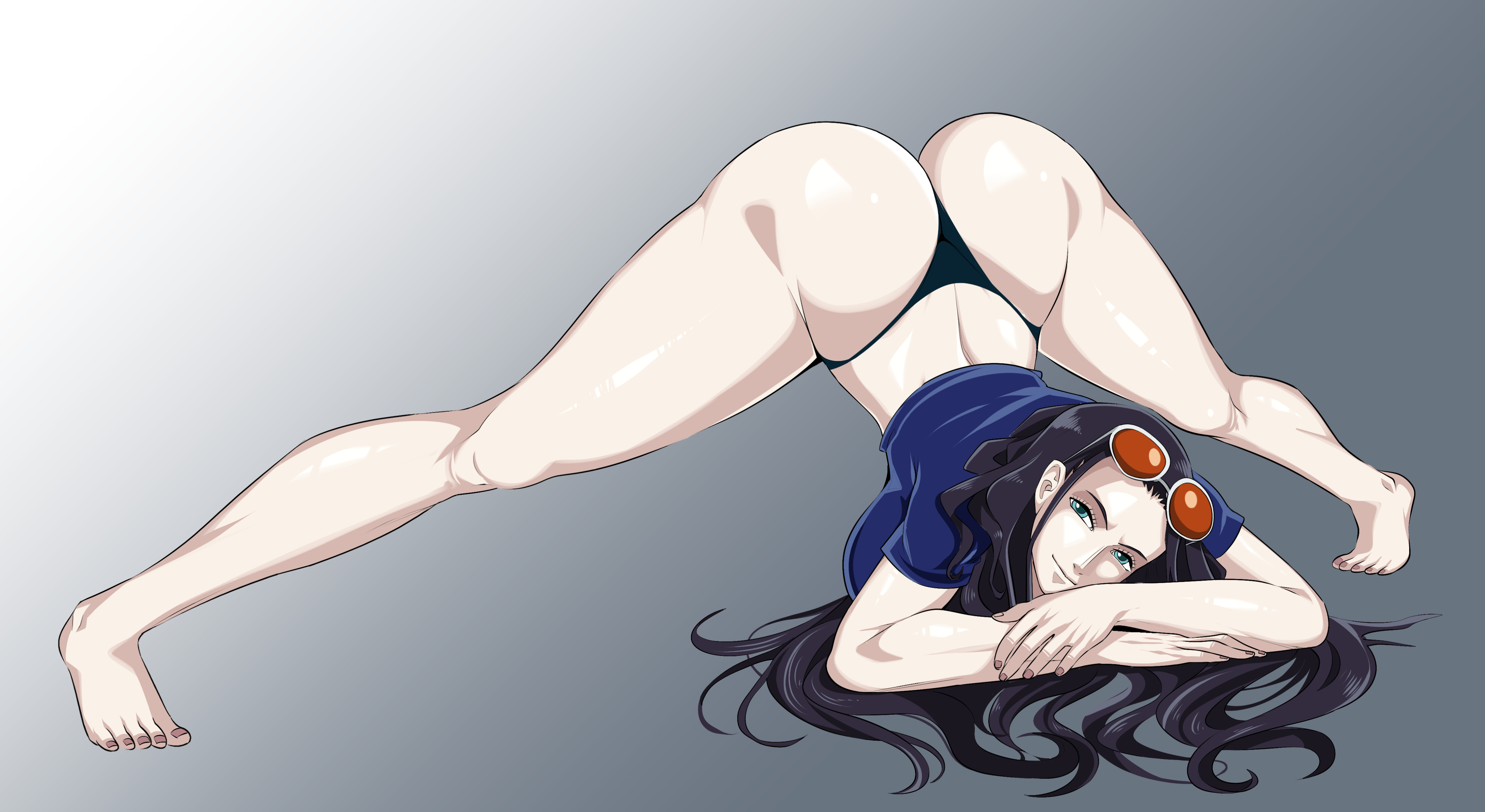 1girls, alternate version available, ass, big ass, big breasts, black hair, black-haired female, blue eyes, breasts, eyewear on head, female, female only, huge ass, jack-o pose, kimkun0162, large ass, large breasts, long hair, nico robin, one piece, post-timeskip, source request, spread legs, sunglasses, sunglasses on head