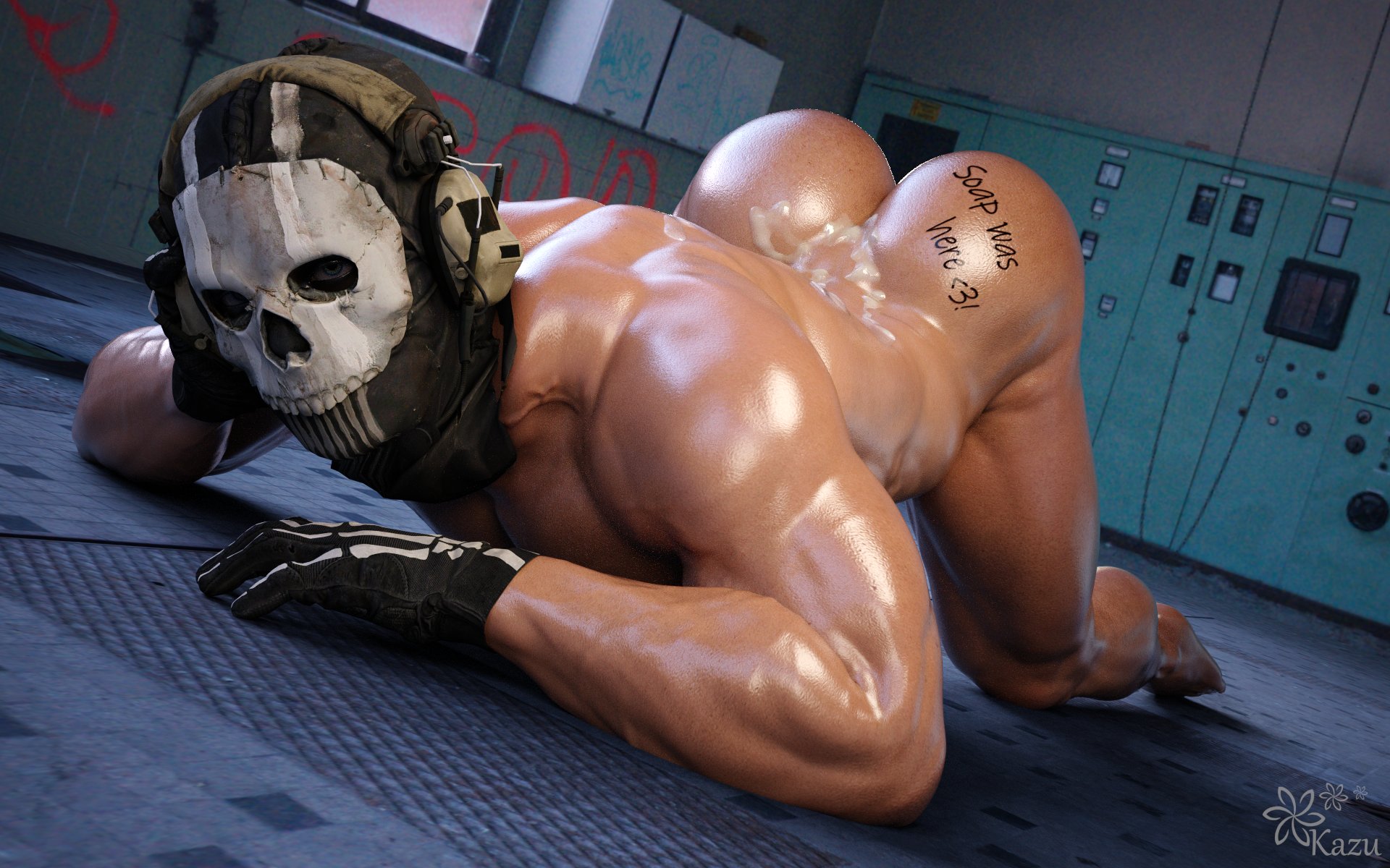 1boy, 3d, after anal, after sex, ass, ass up, big ass, big butt, call of duty, call of duty modern warfare 2 (2022), cum, cum on ass, cum on back, cum on body, cum on butt, cum on lower body, gay, kazuworks, male, male only, muscular, muscular male, simon riley, solo, solo male, writing on ass, writing on body