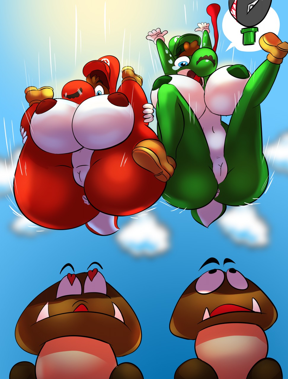 2girls anthro banzai_bill bullet_bill butt_crush dr_awesomelbs duo female female/female goomba hi_res imminent_penetration luigi mario mario_(series) multiple_girls nintendo pipes super_mario_bros. thebigbadwolf01 warp_pipe yoshi_(character)