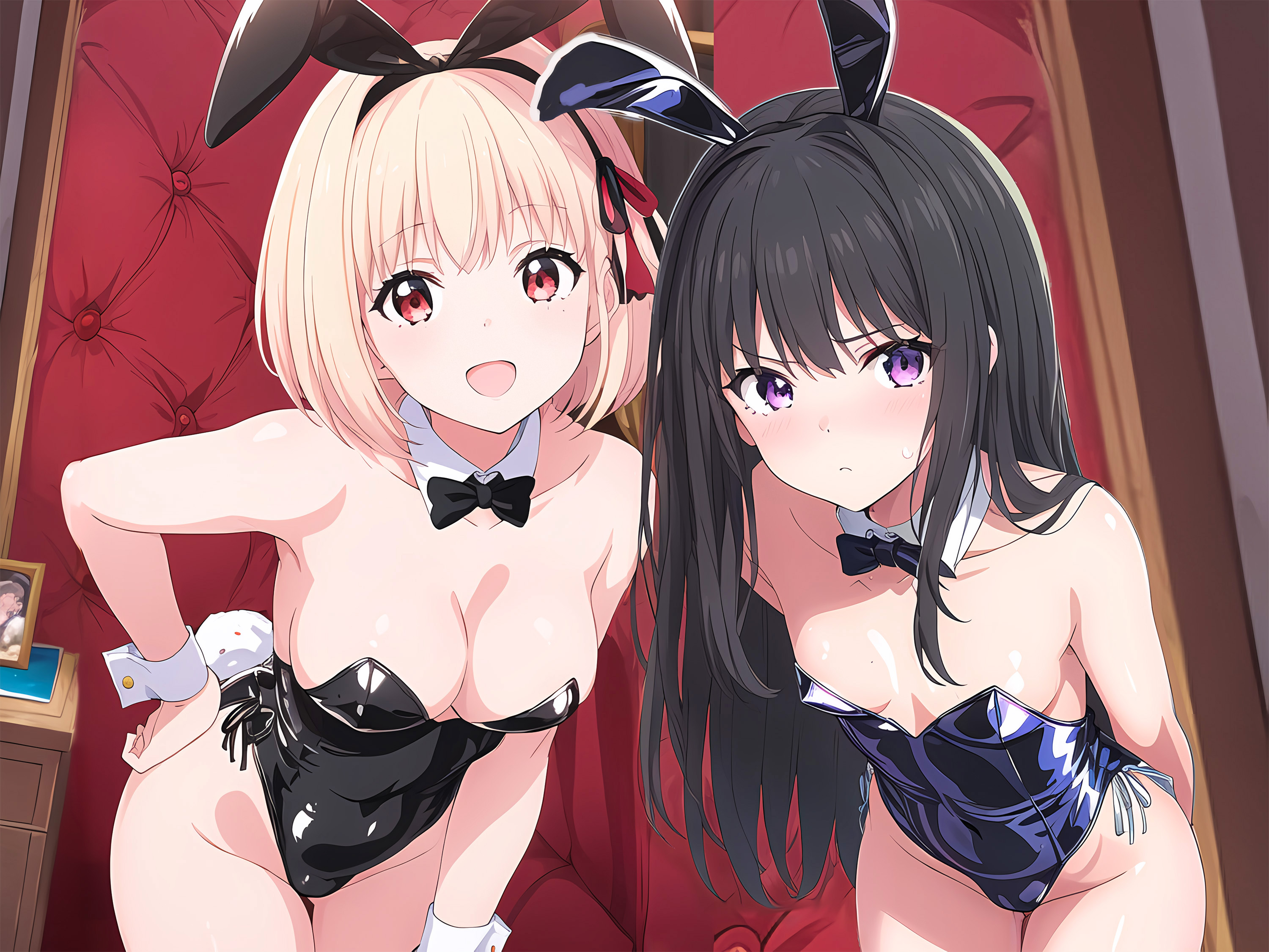 2girls, ai generated, breasts, bunny ears, bunny girl, bunnysuit, female, female only, inoue takina, large breasts, latex, leotard, lycoris recoil, nai diffusion, nishikigi chisato, playboy bunny, small breasts, stable diffusion, teenager, young