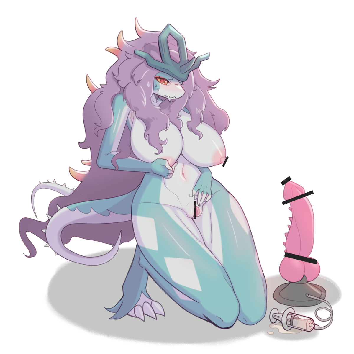 1girls, ancient pokemon, animal dildo, anthro, anthrofied, areola, areolae, blue body, blush, breast grab, breasts, censored, dildo, female, female focus, female only, furry, furry only, game freak, generation 9 pokemon, genitals, masturbation, multicolored body, nintendo, nipples, paradox pokemon, pokémon (species), pokemon, pokemon (species), purple hair, pussy, sex toy, simple background, solo, solo female, solo focus, sweatdrop, tail, two-tone body, walking wake, white background