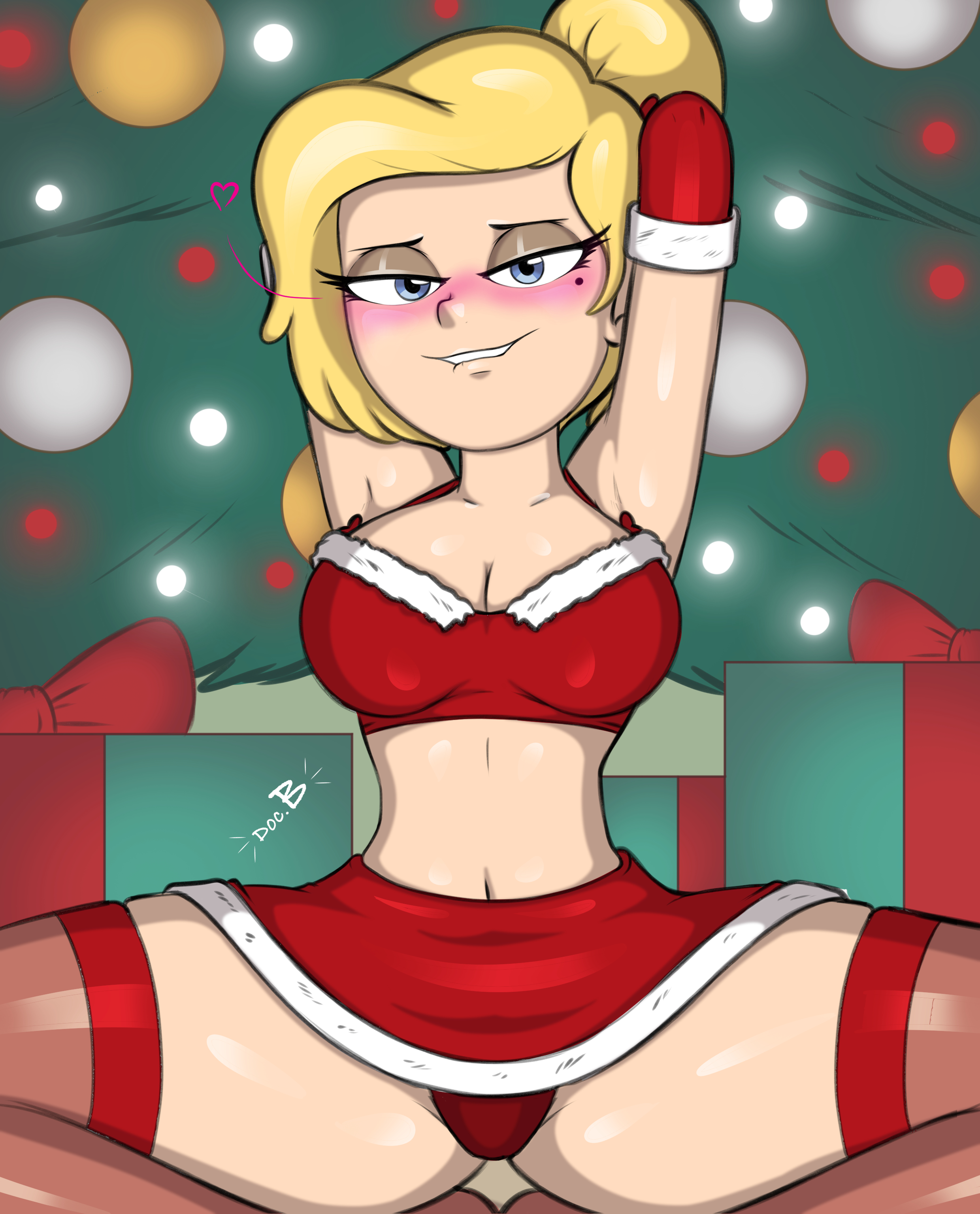 1girls, aged up, amphibia, armpits, arms behind head, big breasts, blonde hair, blue eyes, blush, breasts, christmas tree, cleavage, disney, disney channel, doc.b, female, female focus, female only, hands behind head, heart, large breasts, ponytail, pose, posing, sasha waybright, seductive smile, smile, solo, solo focus, squatting, straight hair, tagme, thick thighs, voluptuous
