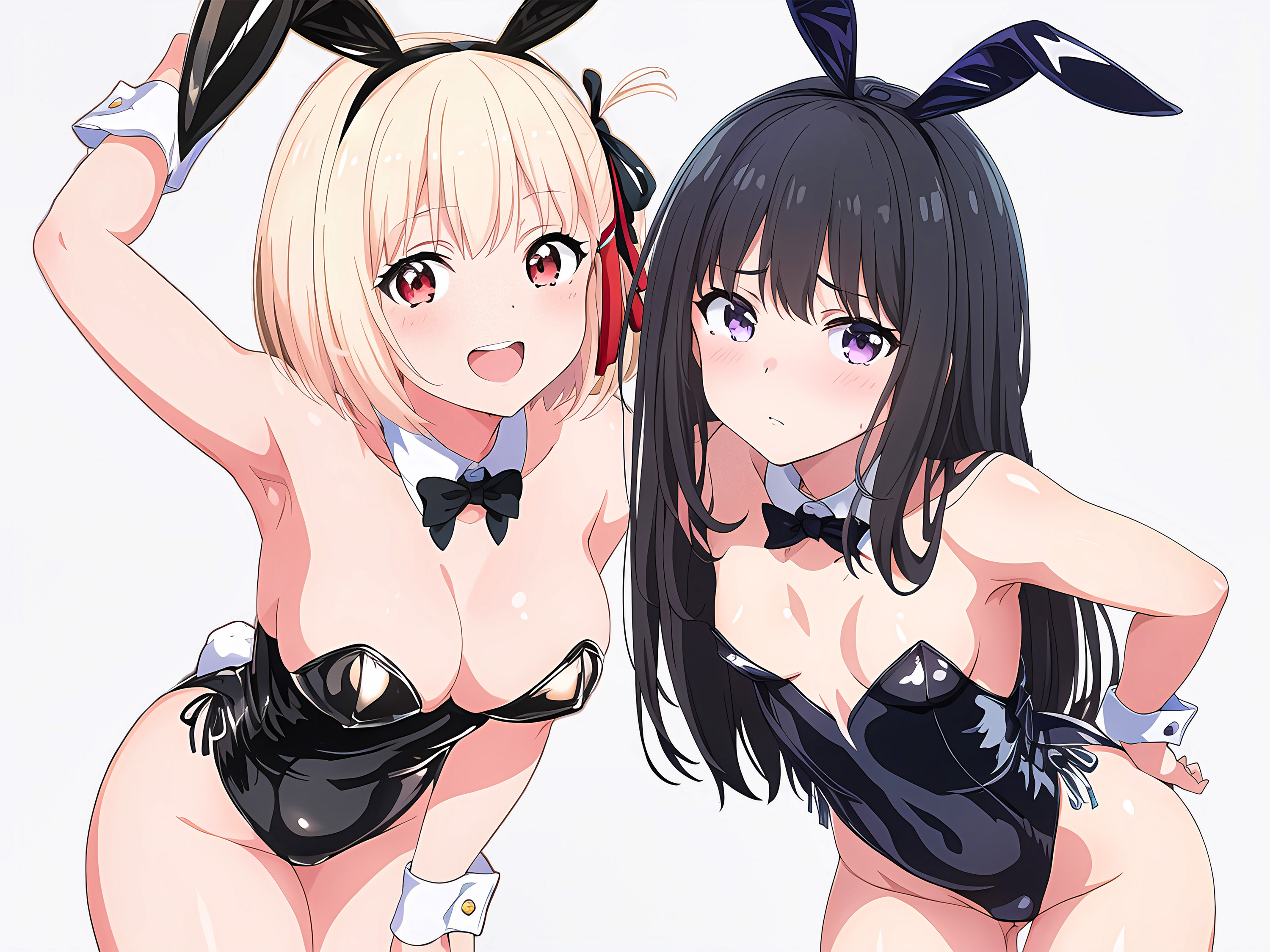 2girls, ai generated, breasts, bunny ears, bunny girl, bunnysuit, female, female only, inoue takina, large breasts, latex, leotard, lycoris recoil, nai diffusion, nishikigi chisato, playboy bunny, small breasts, stable diffusion, teenager, young