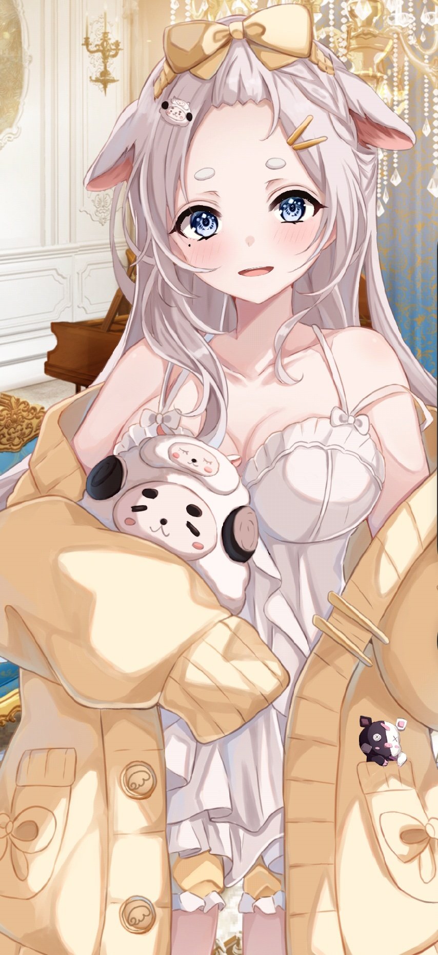 angel animal_ears bad_source blue_eyes breasts cardigan choker collarbone crying droopy_ears female highres hitsuji_rum horns huge_breasts kneehighs lace lapislive light_smile over_shoulder pajamas ring_of_angels sa_ya sheep sheep_ears sheep_horns shoulder socks thick_eyebrows white_choker