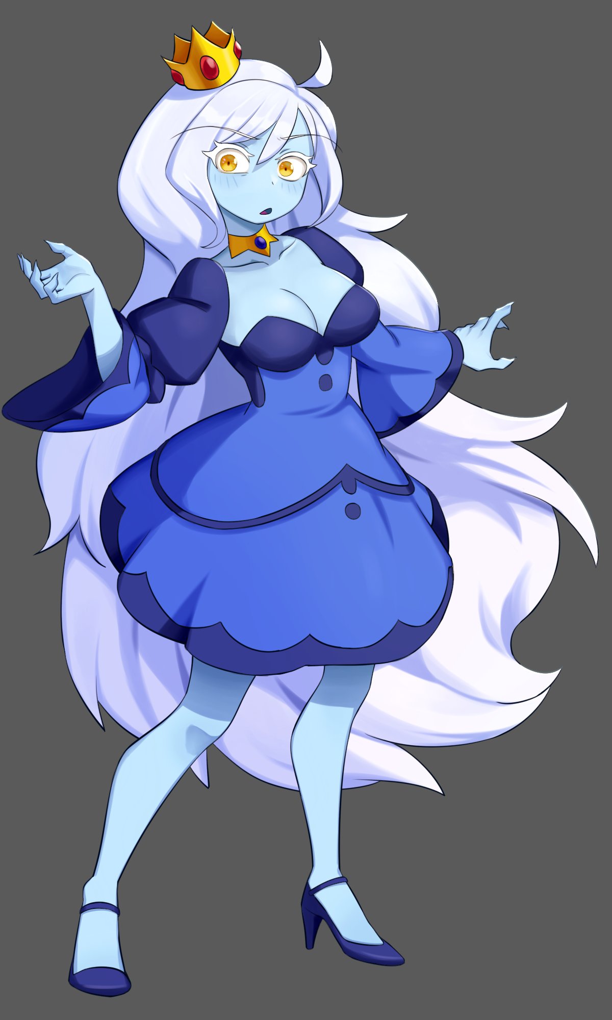 1girls, adventure time, blue body, blue skin, breasts, cartoon network, cleavage, female, female focus, female only, flowerpigeon73, grey background, high heels, ice queen, ice queen (adventure time), royalty, tagme, white hair, yellow eyes