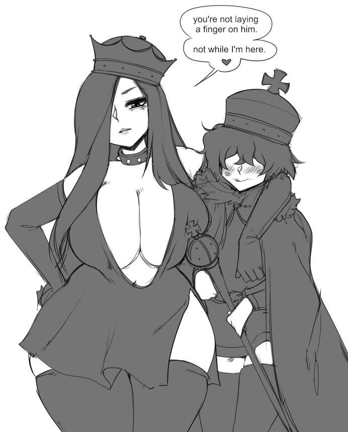 1boy1girl big_breasts black_and_white black_hair blush blushing catboymech chess choker crown femboy hair_over_one_eye implied_fellatio king_(chess) large_breasts larger_female long_gloves long_hair queen queen_(chess) royalty size_difference smaller_male tagme text_bubble thick_thighs thighhighs