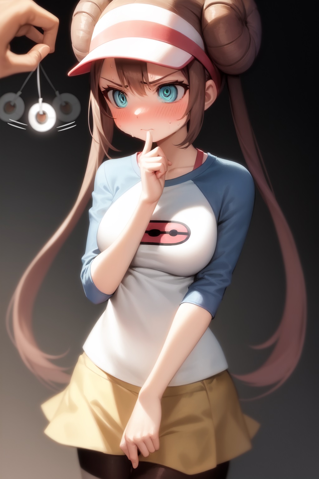 ai generated, blush, female, hypnosis, hypnotic eyes, hypnotized, mind control, pendulum, pokemon, rosa (pokemon), sweat