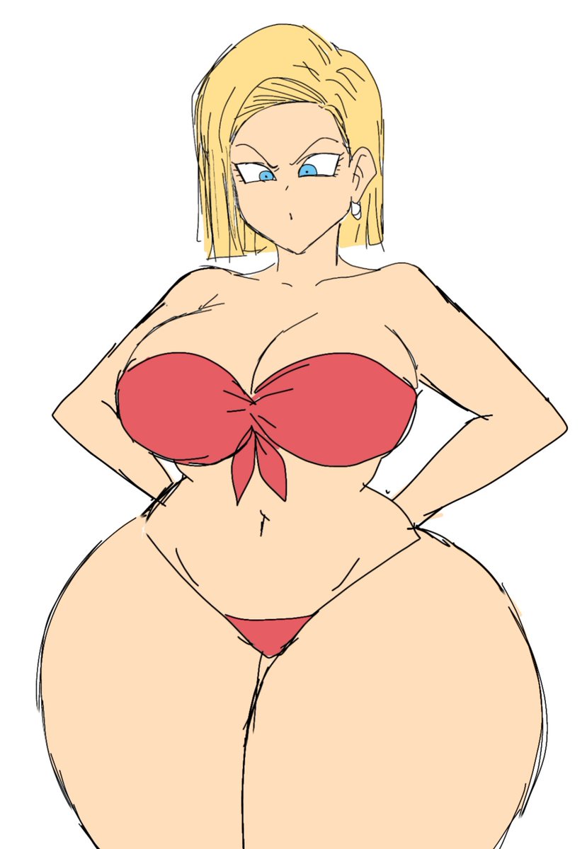 1girls, android 18, ass, barely contained, barely contained breasts, barely fits, blonde, blonde hair, blonde-haired female, blue eyes, blue-eyed female, breasts, breasts too big, cameltoe, cleavage, curvy, dragon ball, erect nipples, female, gigantic breasts, huge areolae, huge ass, imminent wardrobe malfunction, inconvenient boobs, inconvenient breasts, looking at own breasts, looking down at breasts, looking down at self, momiji (artist), nipples, puffy nipples, pussy, short hair, short-haired female, sketch, thick lips, tight swimsuit, tight swimwear, voluptuous, wide hips, yellow hair
