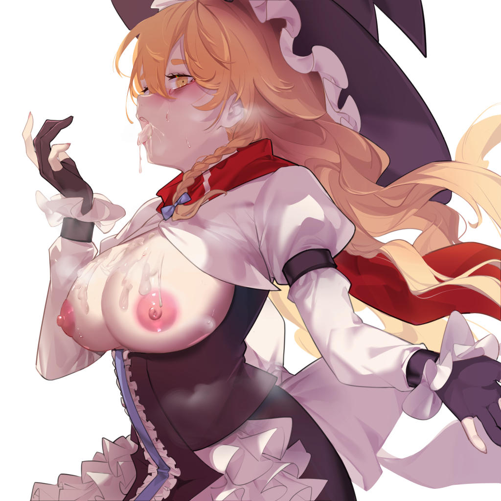 bangs black_gloves black_headwear black_skirt black_vest blonde_hair blue_bow blue_ribbon blush bow braid breasts breasts_out center_frills commentary_request cookie_(touhou) cum cum_in_mouth cum_on_body cum_on_breasts cum_on_tongue female frilled_hat frilled_sleeves frills gloves hair_between_eyes hairbow hat jiyu_(jiyusi) juliet_sleeves kirisame_marisa large_breasts long_hair long_sleeves looking_at_viewer looking_to_the_side mars_(cookie) nipples open_mouth partially_fingerless_gloves puffy_sleeves red_scarf ribbon scarf shirt side_braid simple_background single_braid skirt solo tongue tongue_out touhou upper_body vest white_background white_shirt witch_hat yellow_eyes